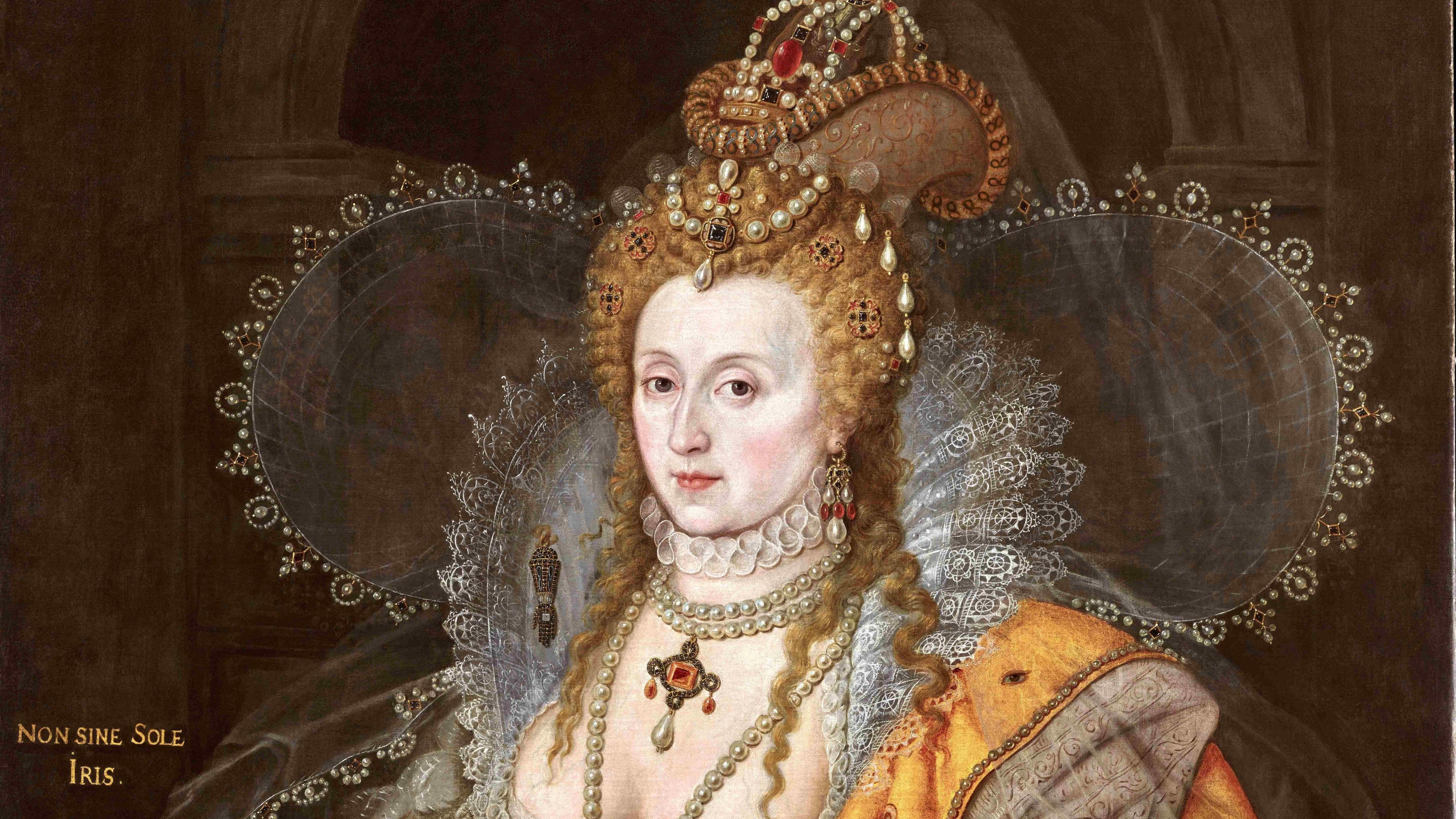 The Rainbow Portrait of Queen Elizabeth I showing her wearing pearls, decorations in her hair and historical clothing