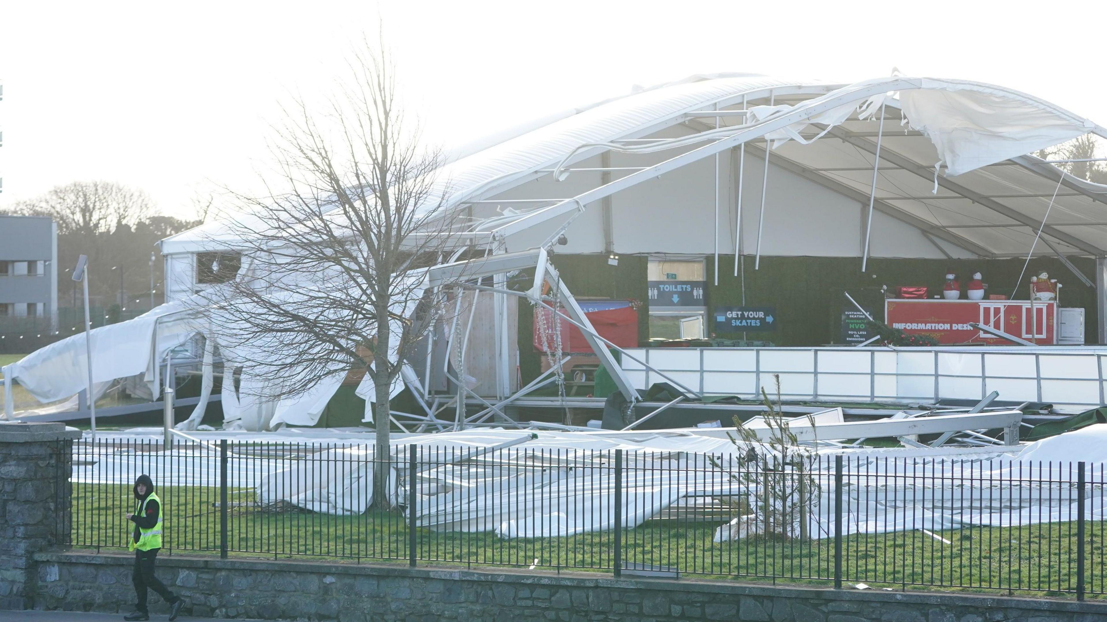 An ice skating facility in Blanchardstown has been destroyed after strong winds tore the structure apart. Residents across Ireland have been urged to stay at home as the entire island braces for the arrival of Storm Eowyn. The top-level red warning for wind is in place in both Northern Ireland and the Republic of Ireland.