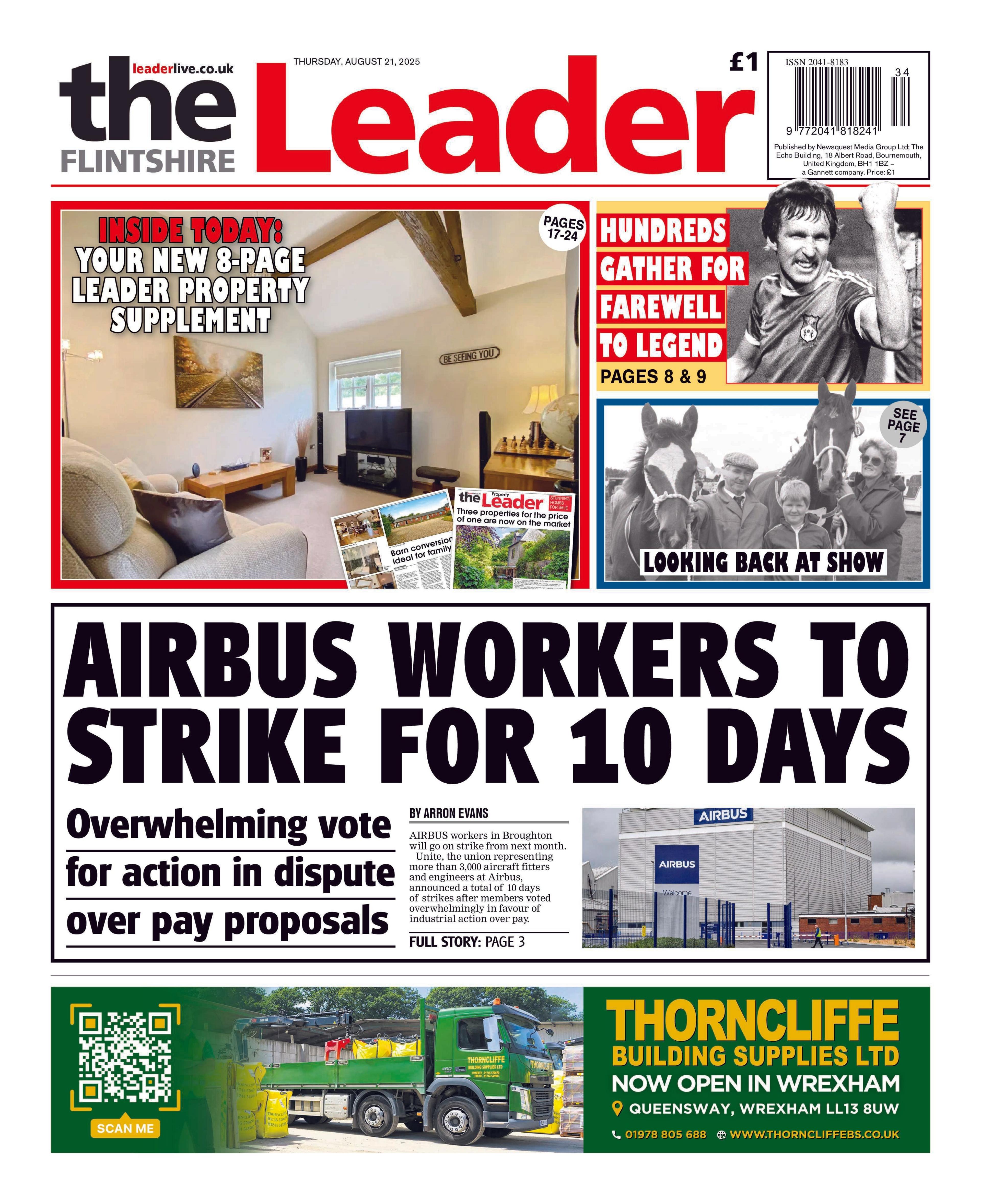 Front page of the Flintshire Leader. Main headline reads: Airbus workers to strike for 10 days: Overwhelming vote for action in dispute over pay proposals. Other headlines read: Hundreds gather for farewell to legend. 