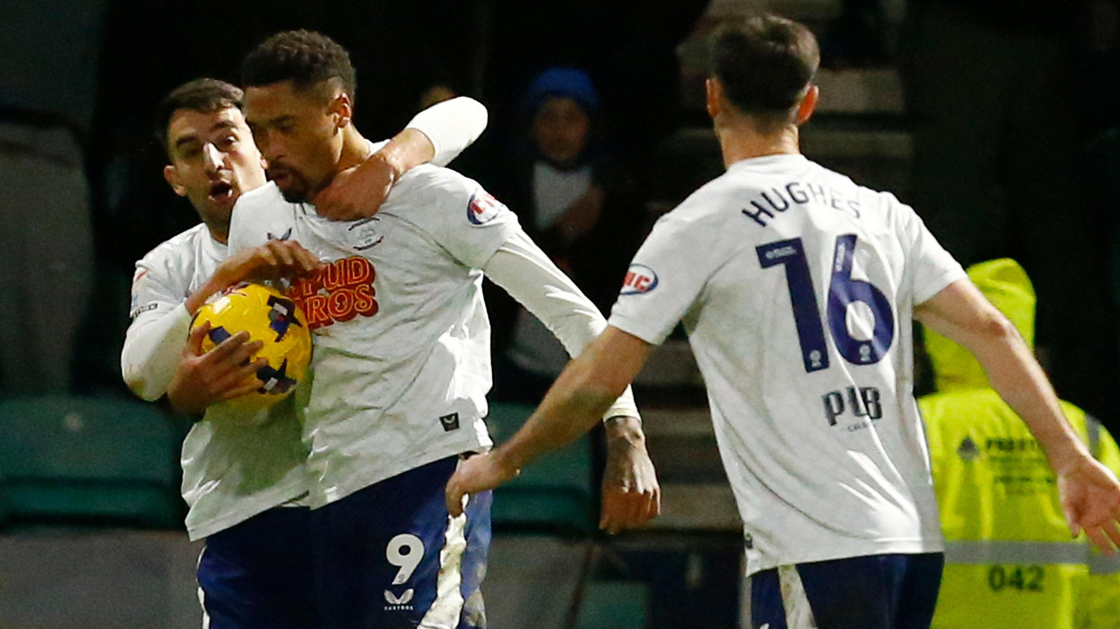 Preston North End striker Daniel Jebbison is congratulated by team-mates after scoring against Coventry City