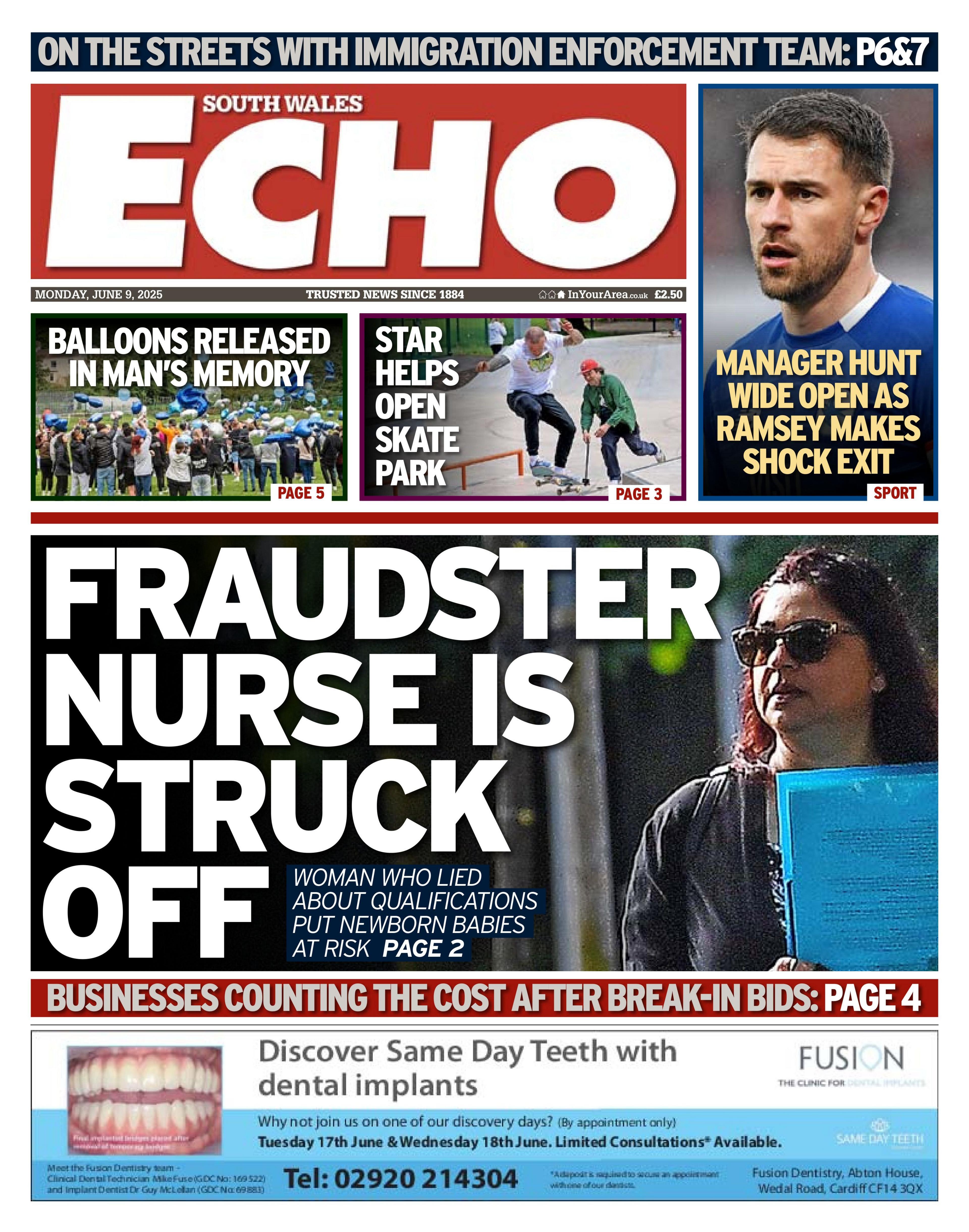 South Wales Echo front page headline next to a photo of a woman with sunglasses on: Fraudster nurse is struck off; Woman who lied about qualifications put newborn babies at risk.