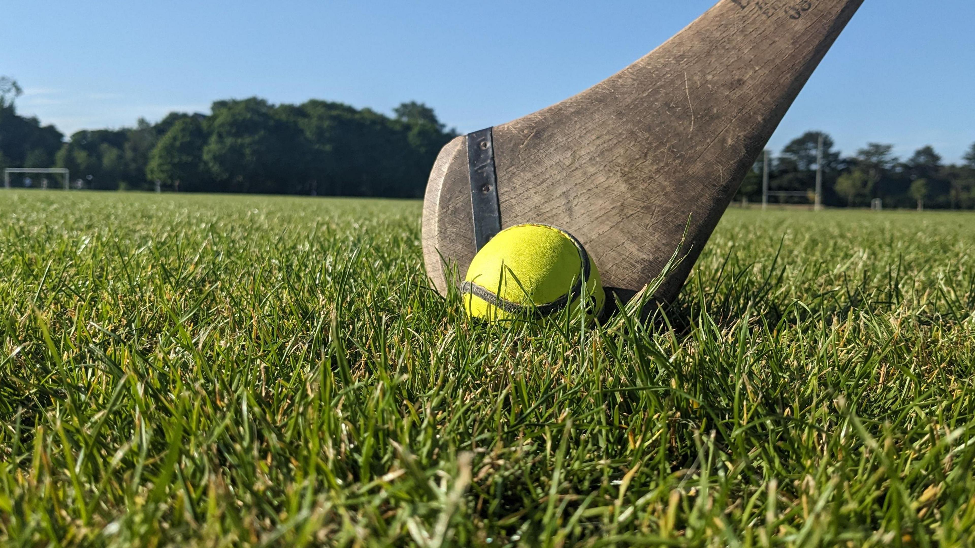 A hurl used in gaelic sports with a yellow ball in front of it. It is on a green grass pitch on a sunny day.