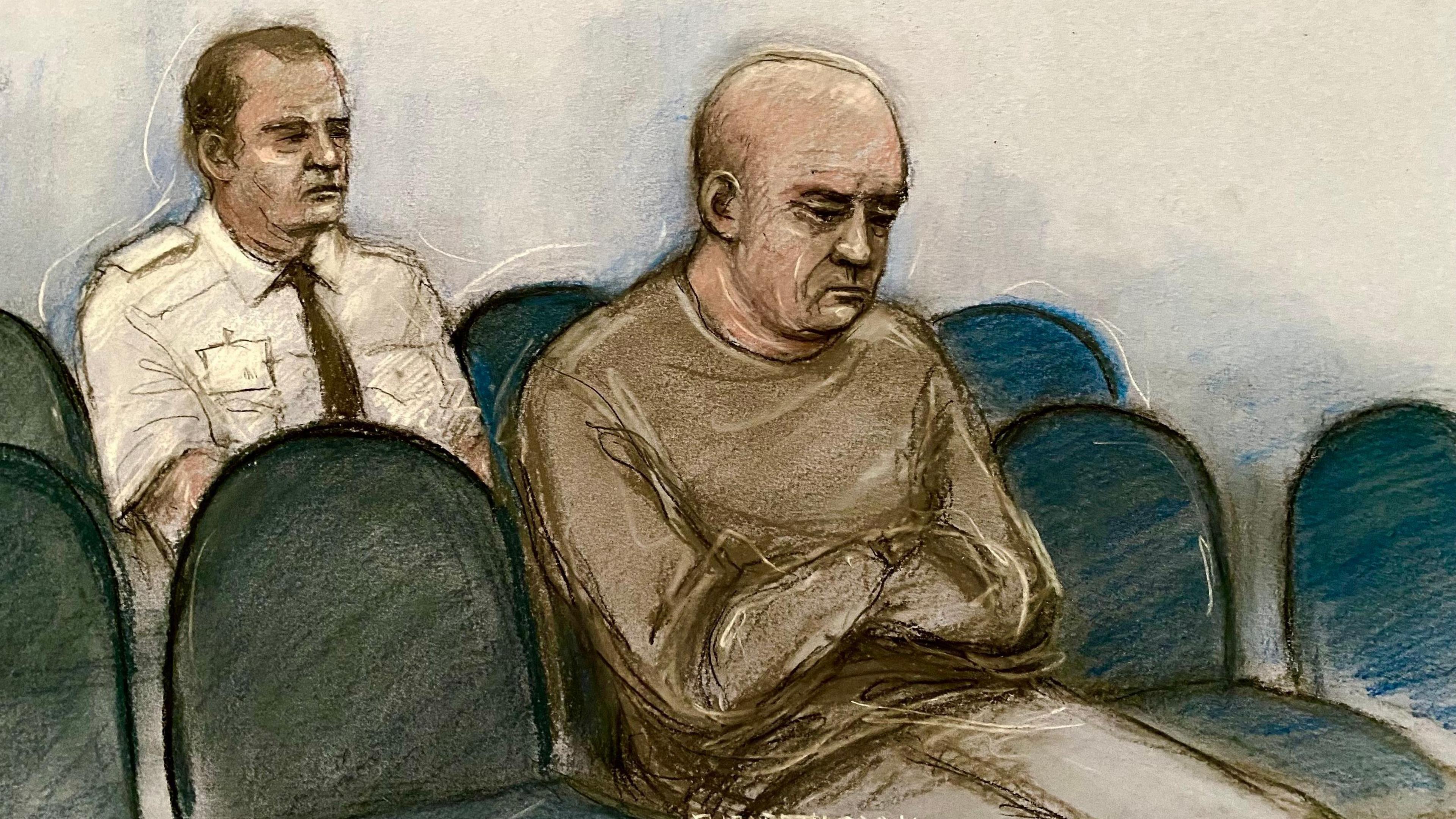 A court sketch of a bald man wearing a grey to green sweatshirt while his arms are crossed. He is sat on a green seat with a man wearing a white shirt and black tie is sat behind him. 