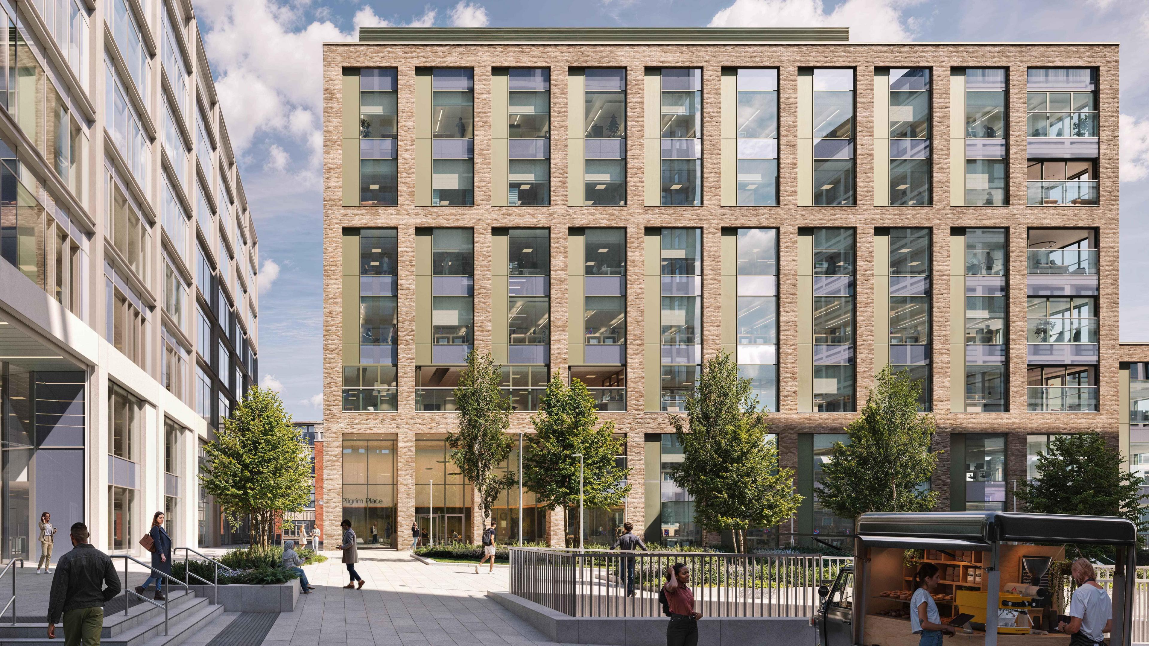 Artists design of modern large square office building with large windows.