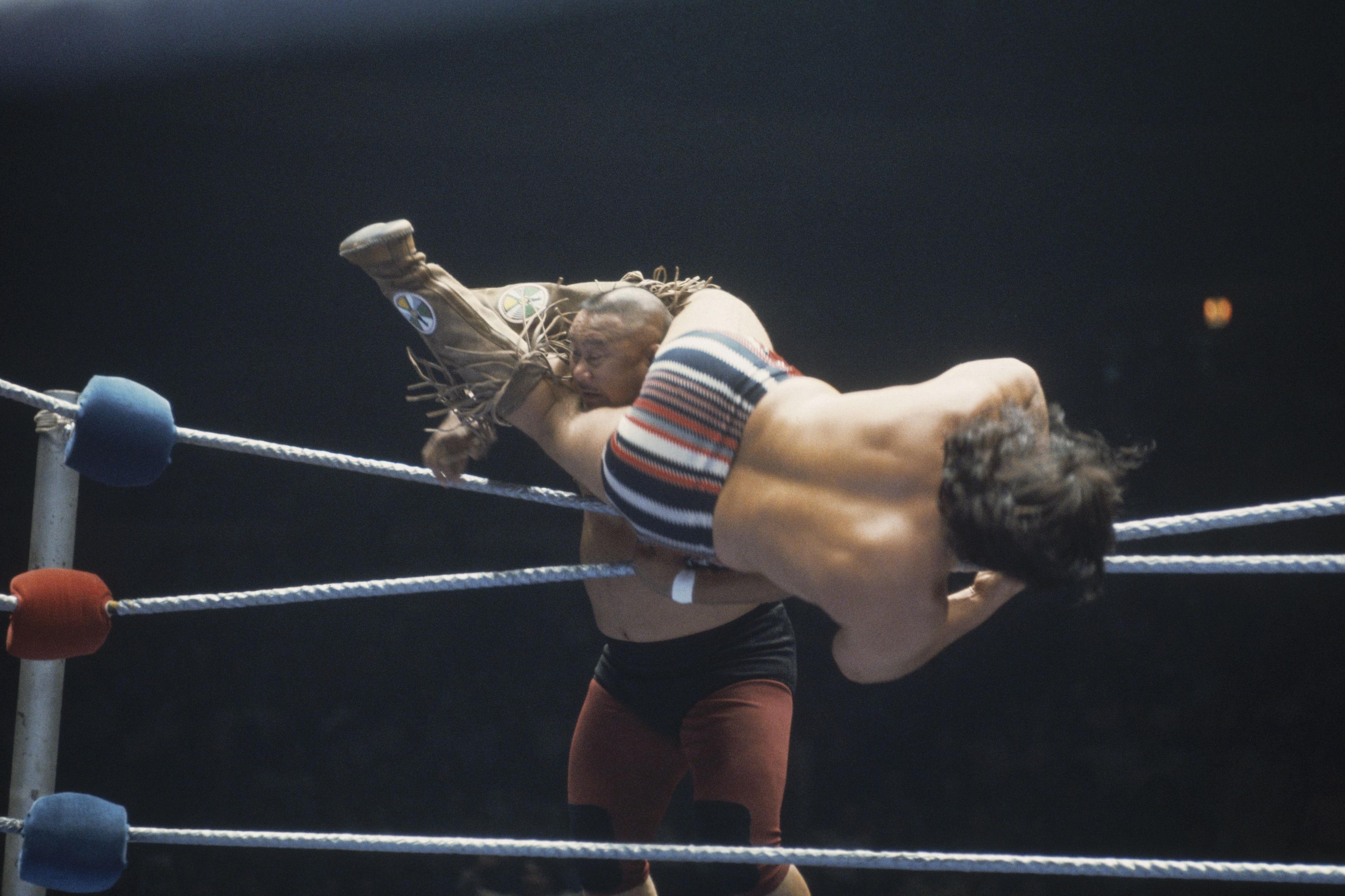 an image of a wrestling match. a topless man with a shaved head, black underwear and red tights with black knee patches throws a man with brown hair wearing just striped underwear over the ropes of a wrestling ring