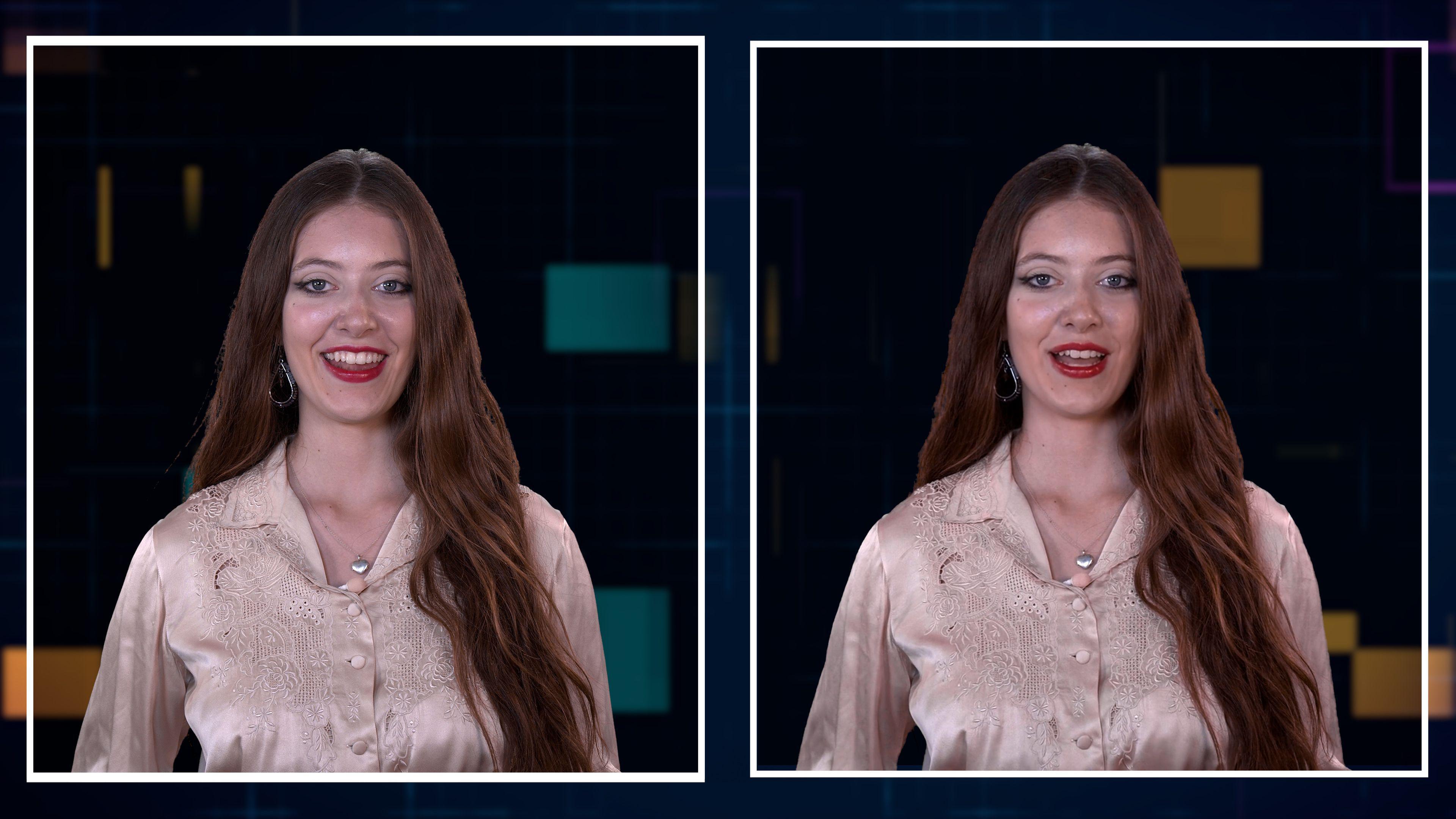 Two images of Jessica side by side that look to be identical. In both she is wearing a light pink shirt, has long brown hair and red lipstick.