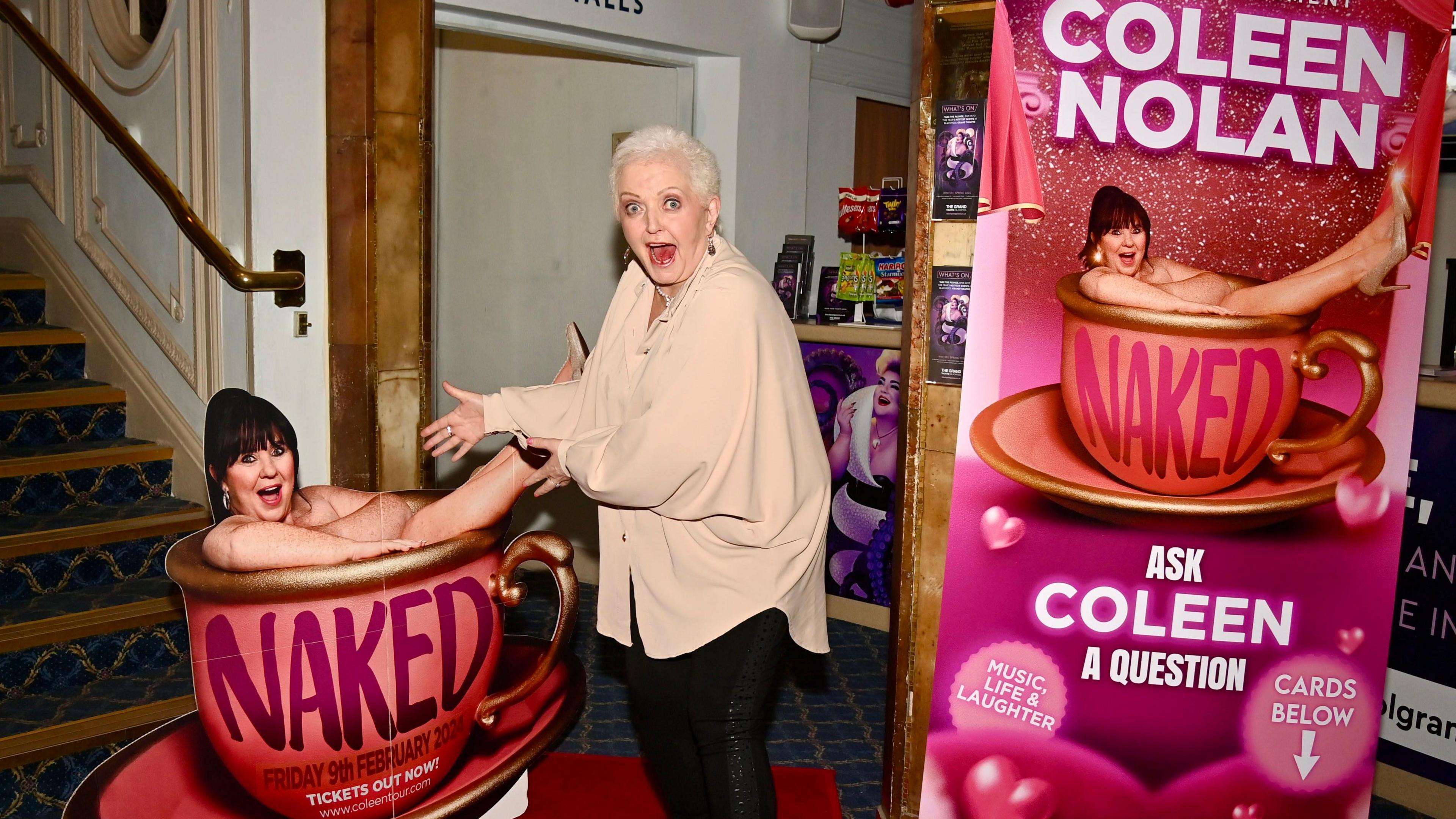 Linda Nolan promotes her sister Colleen's one woman show in the foyer of Blackpool Grand Theatre