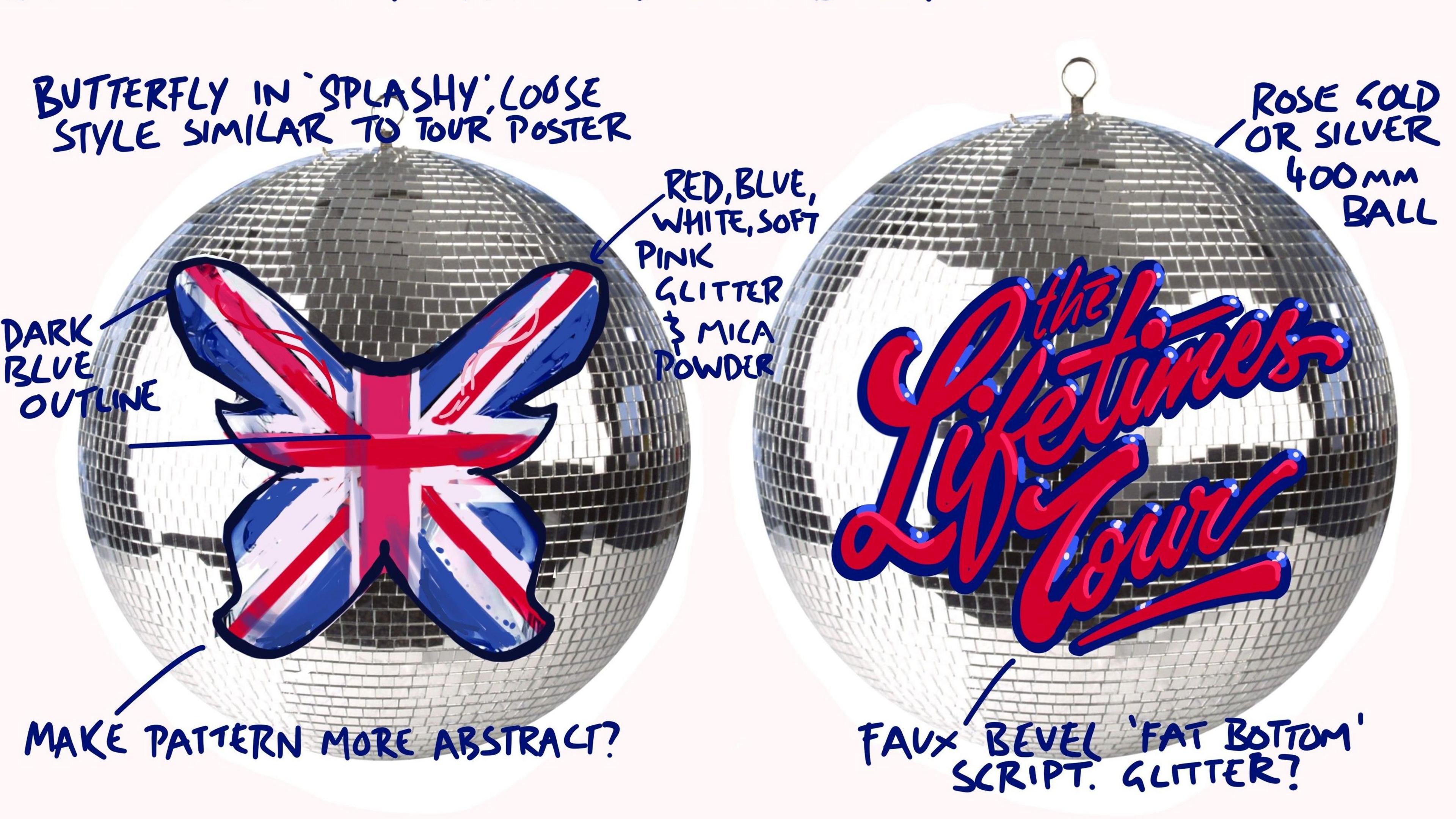 A layout of the design for the morrirball, front and back. On one side it shows paint on the ball in red and blue lettering which reads 'The Lifetimes Tour' and on the other is a butterfly in union flag print.