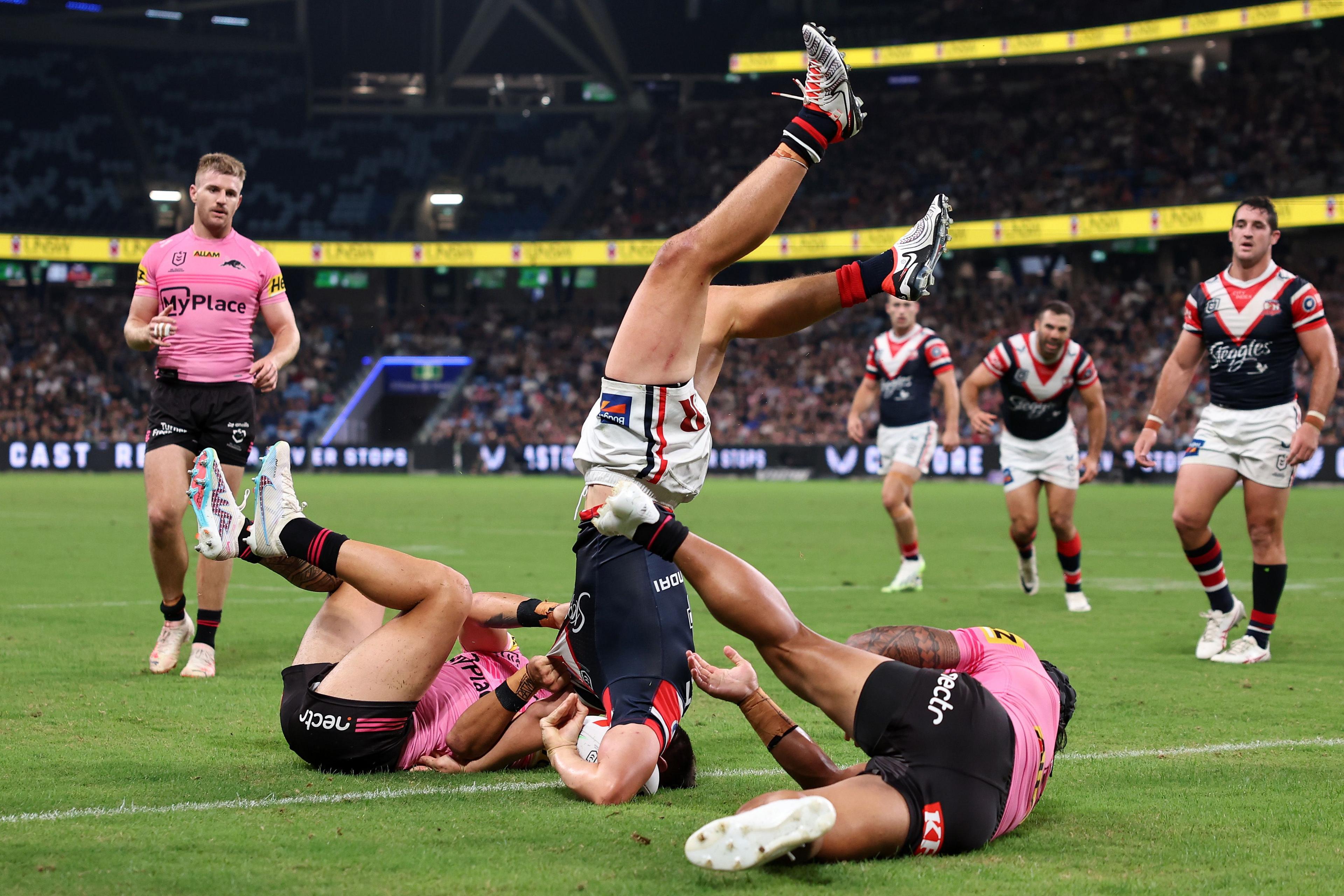 Joseph Manu scores a try for Sydney Roosters against Penrith Panthers in the NRL