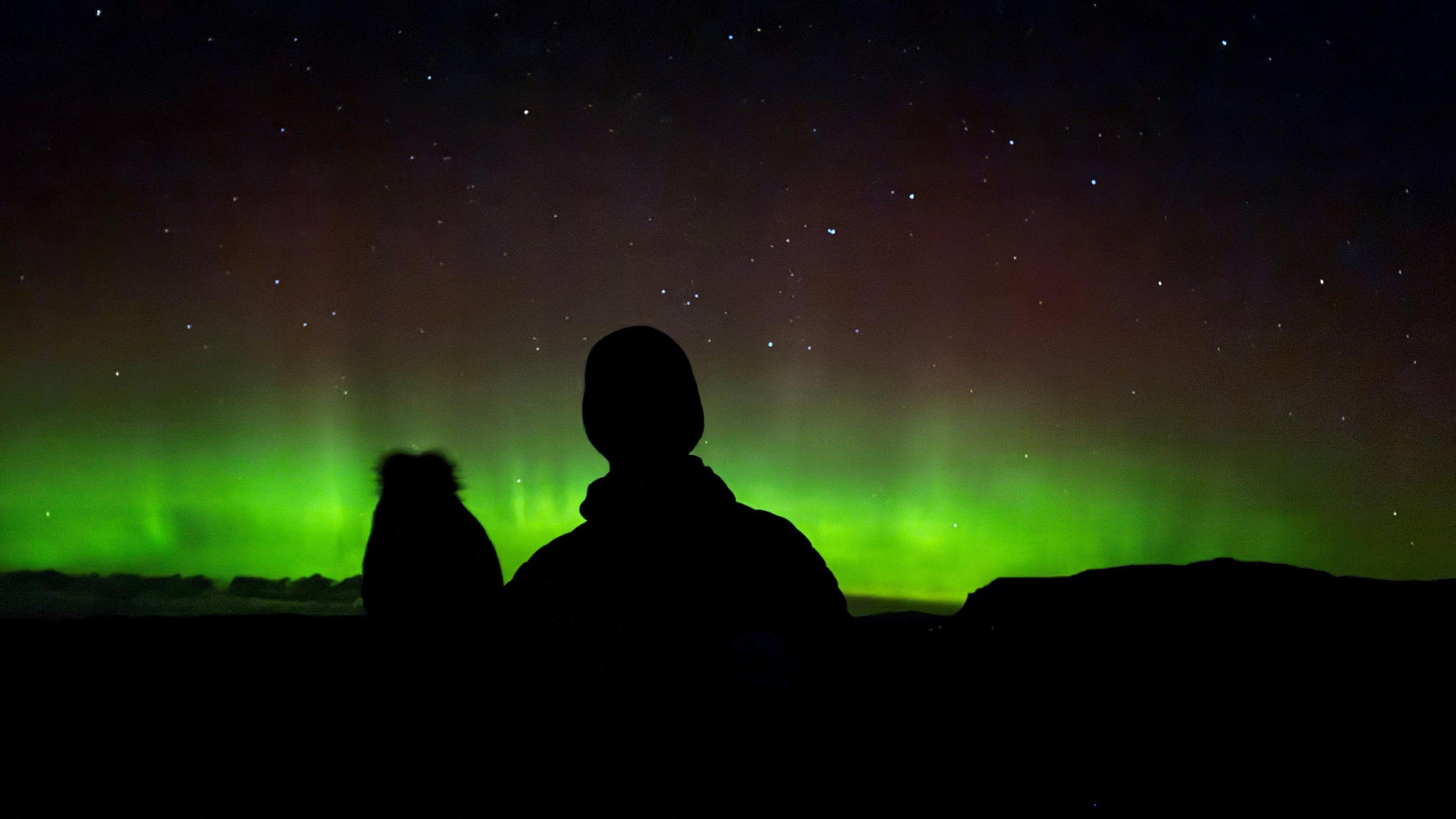 Silhouettes of two people wearing hats set against a glowing green sky. There are also stars in the sky.