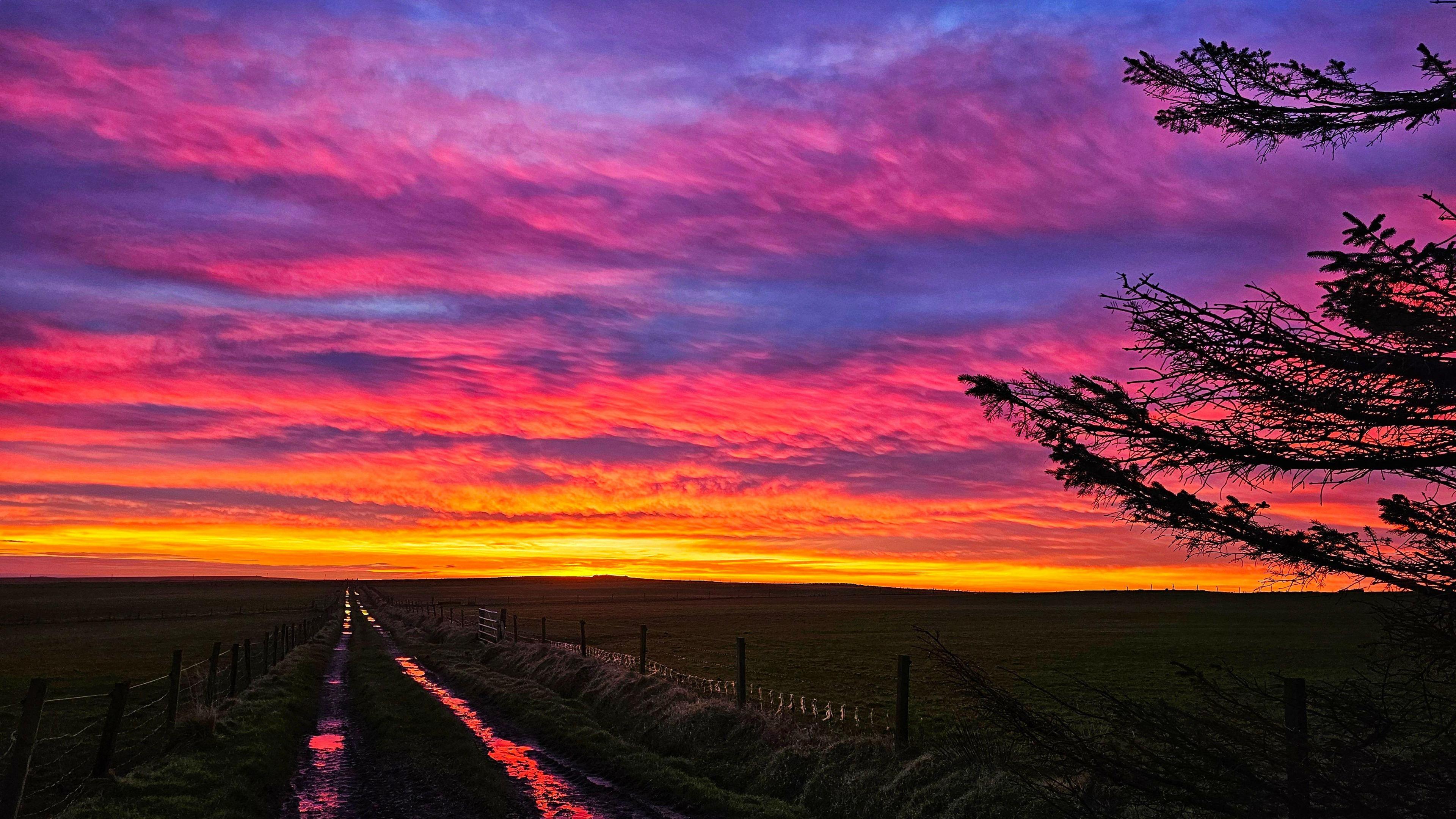 A purple, orange and yellow toned sunrise in the sky.