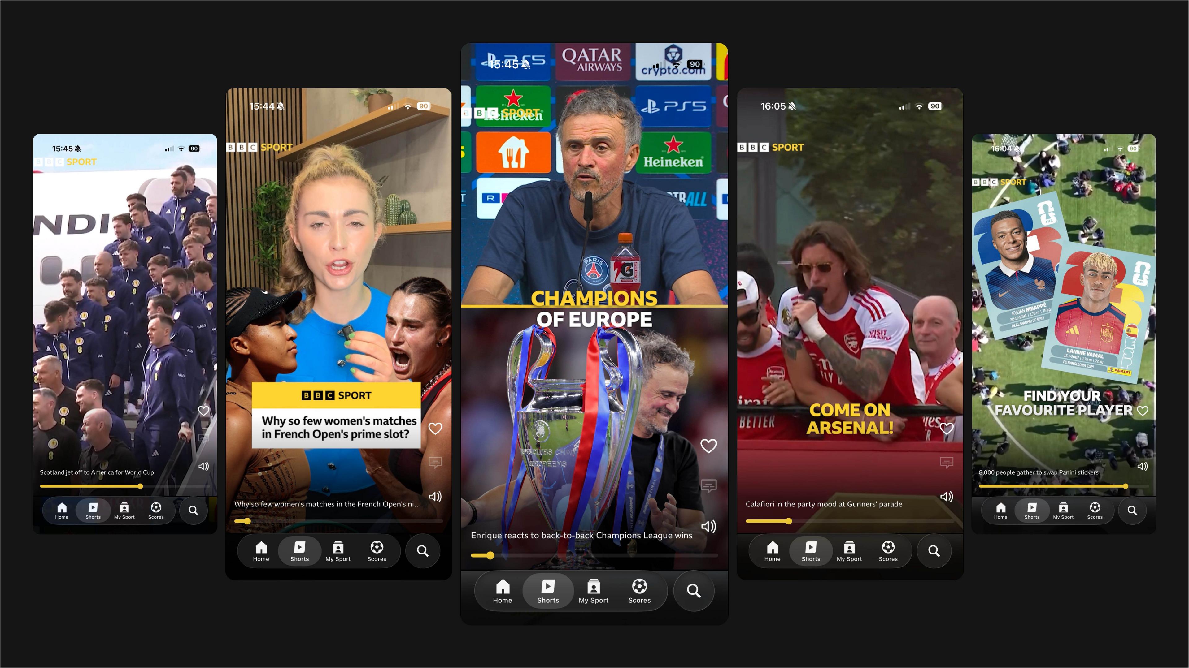A collage showing five videos on the BBC Sport app and the new Shorts section