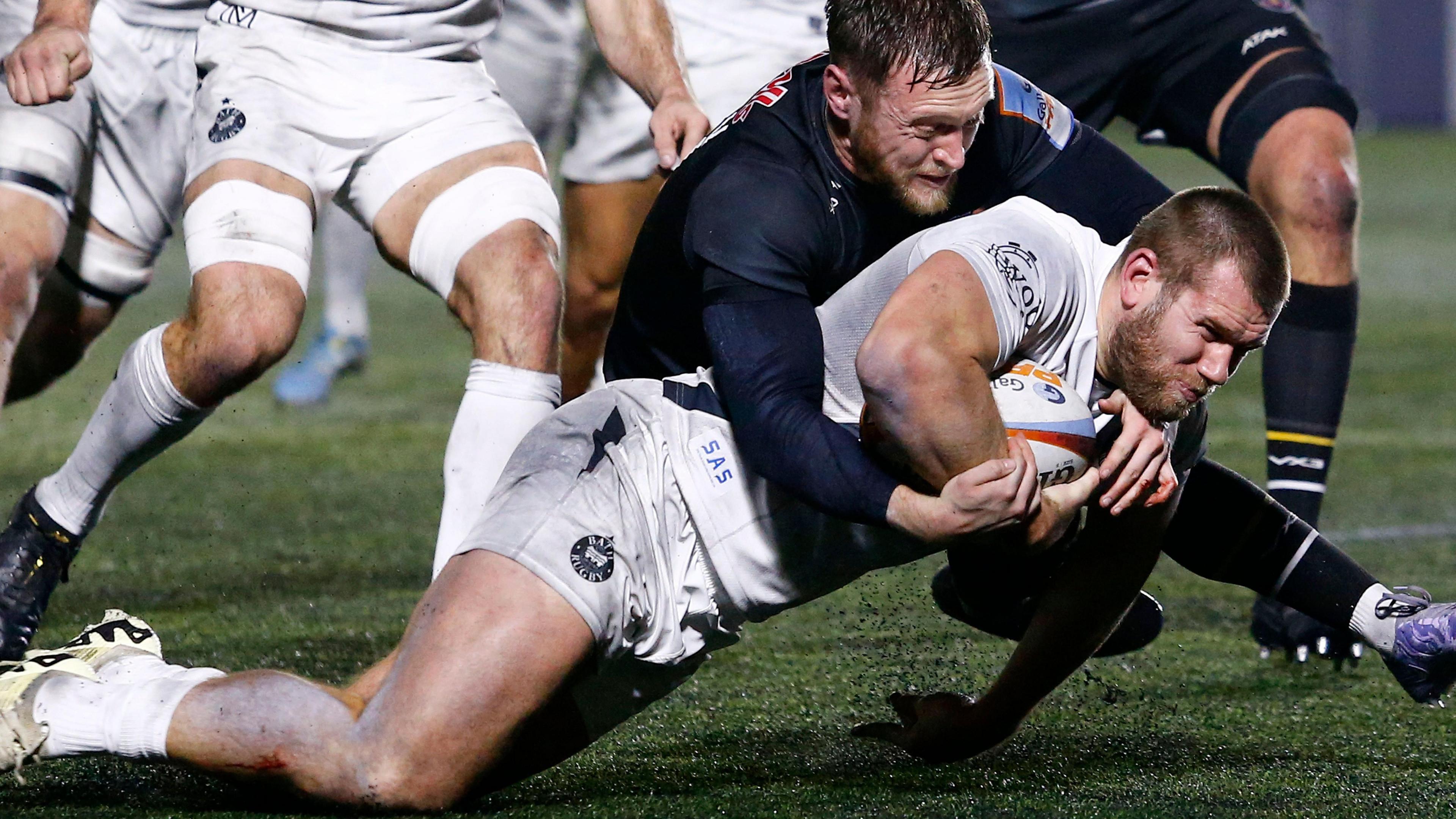Will Butt crosses from close range in Bath's 50-14 win at Newcastle