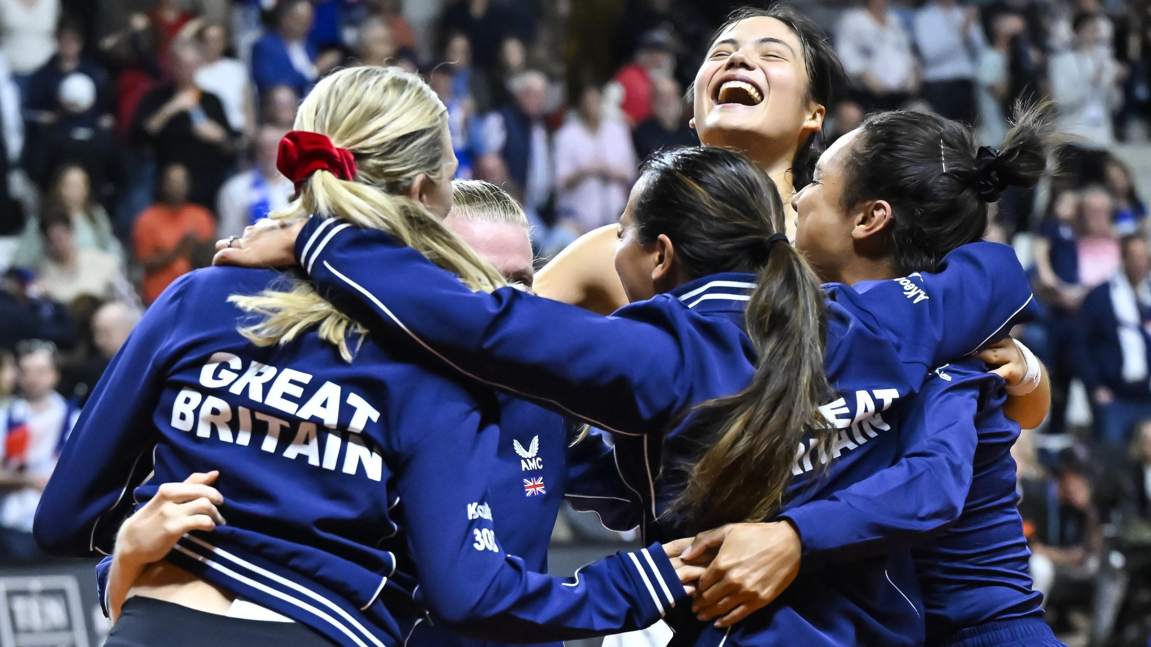 Great Britain celebrate beating France in Billie Jean King Cup qualifying in April