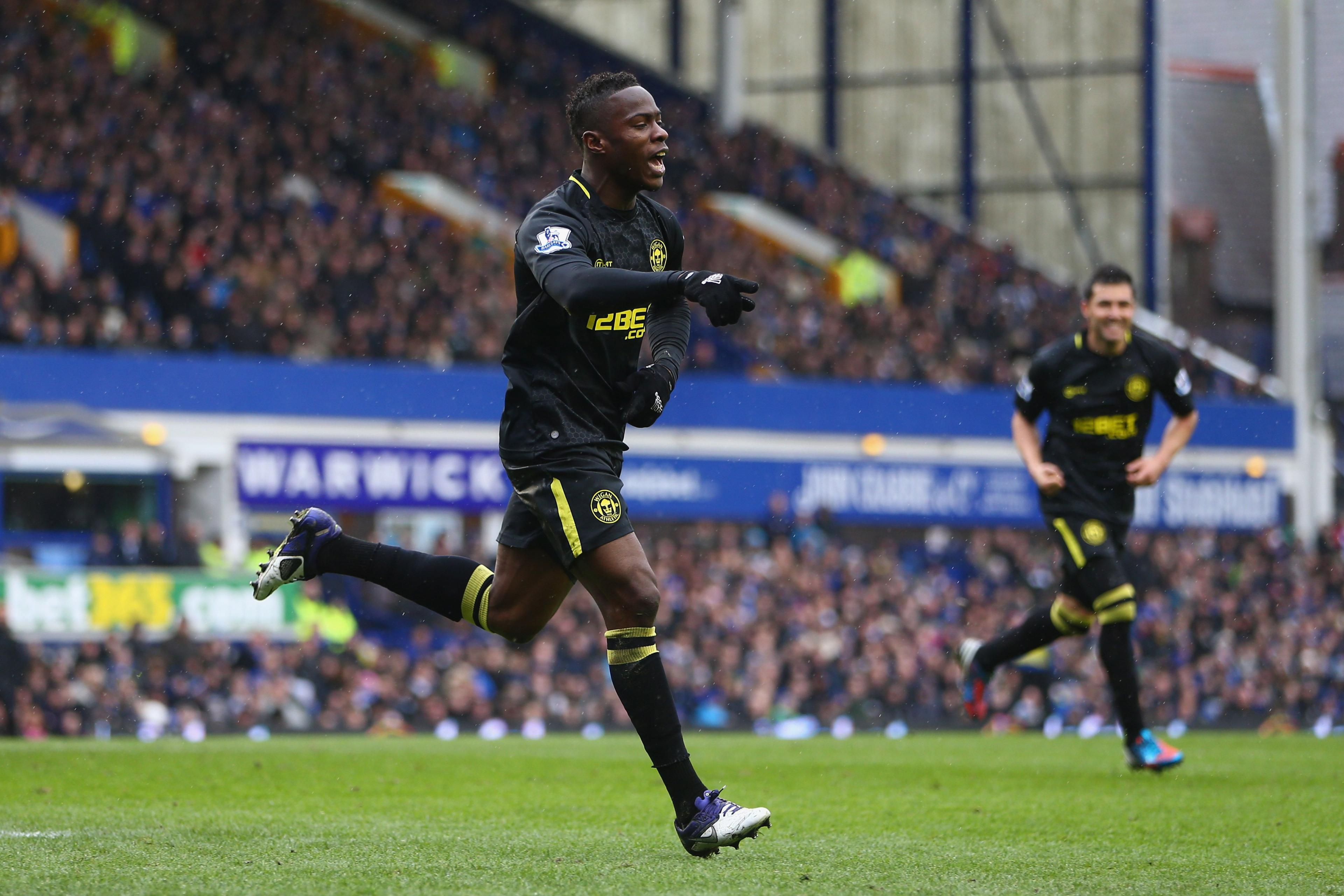 Wigan defender Manor Figueroa celebrates scoring against Everton in an FA Cup game in 2013 