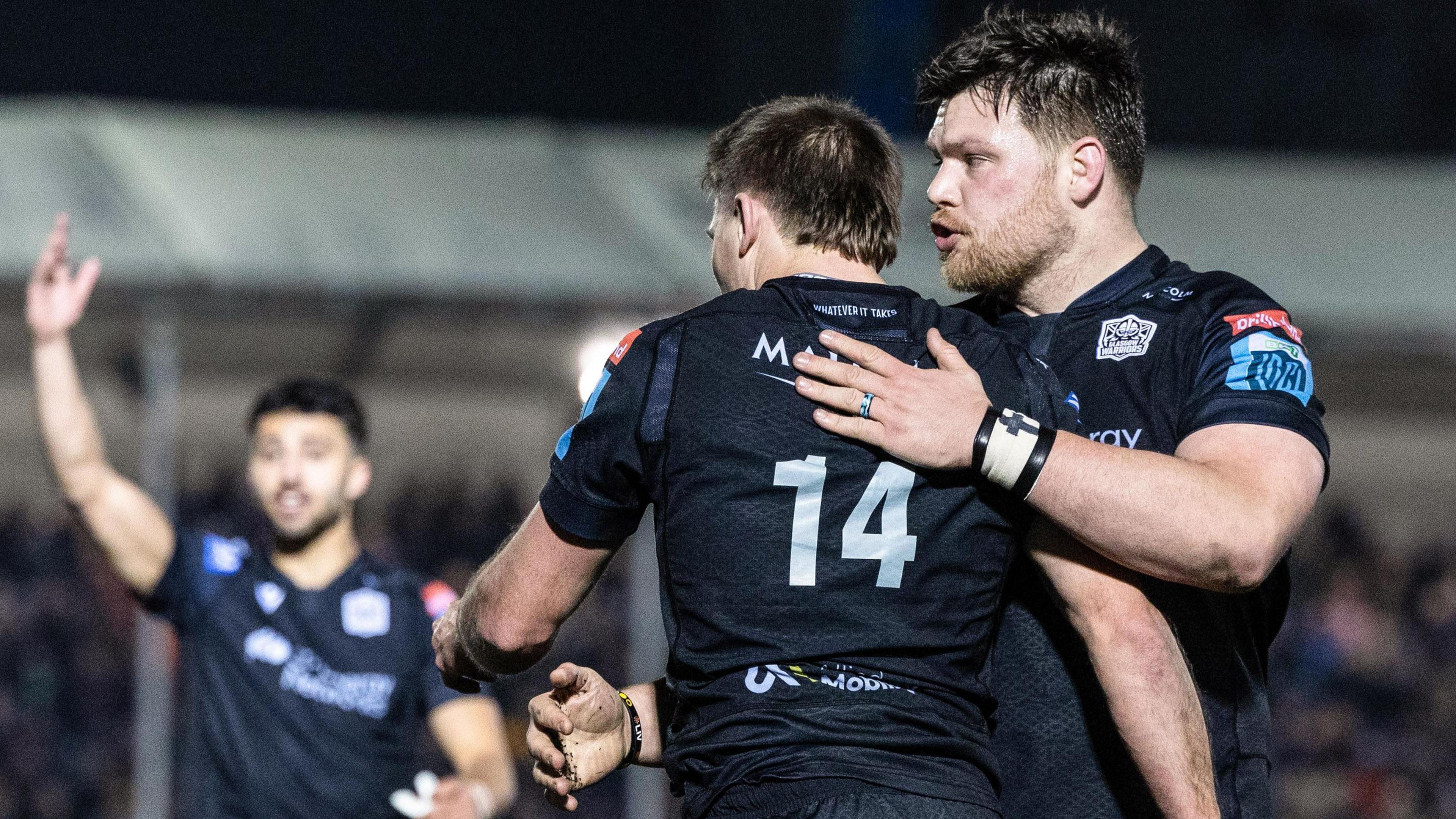 Nathan McBeth celebrates scoring a try for Glasgow Warriors against Munster