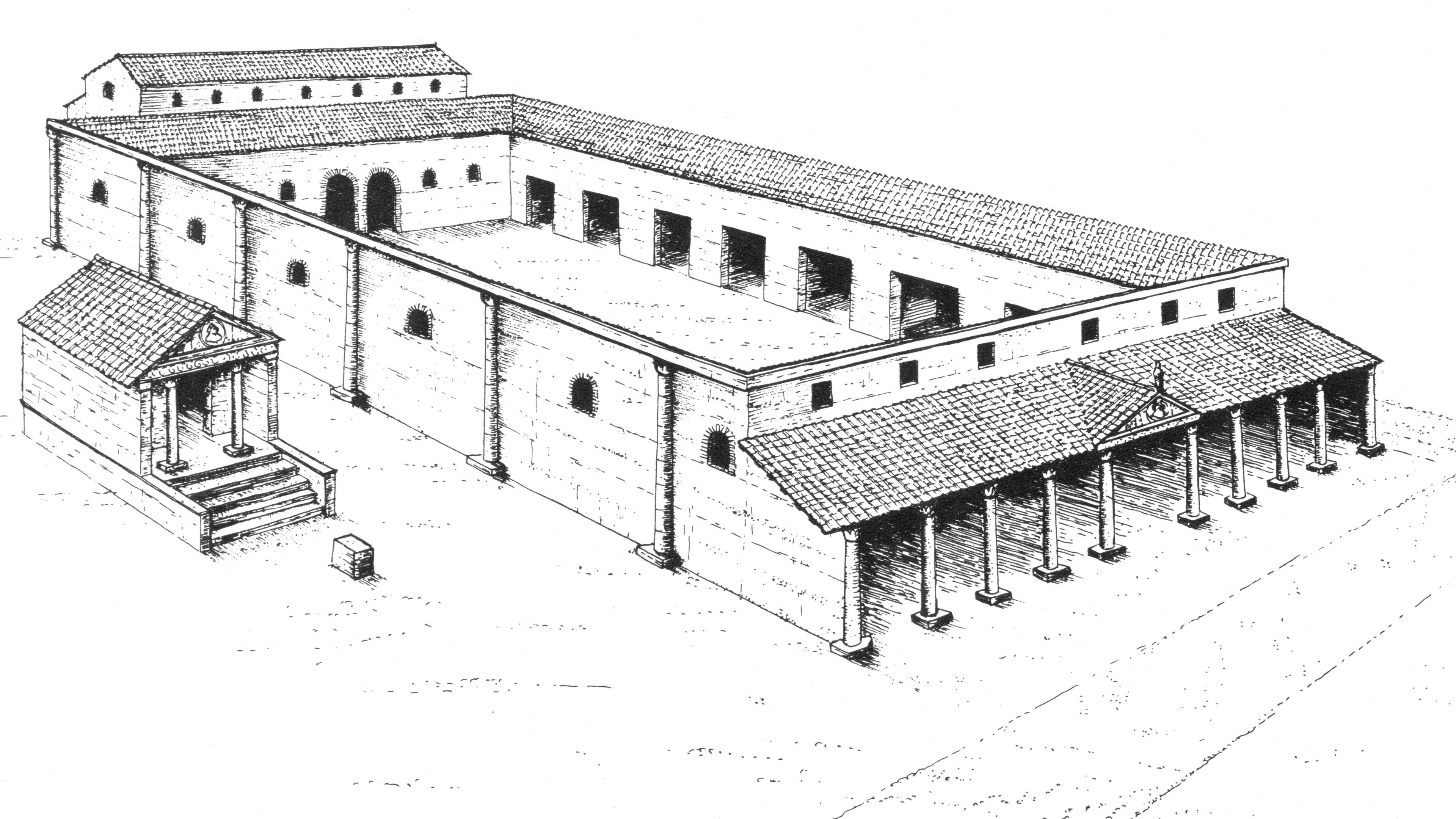 A black and white line drawing of the basilica and forum. There's a double storey building at the back, which was the basilica, an open courtyard in the middle and colonnaded, covered walkways on either side of the courtyard that together made up the forum. At the front is another covered walkway with ten columns that make up the entrance. 