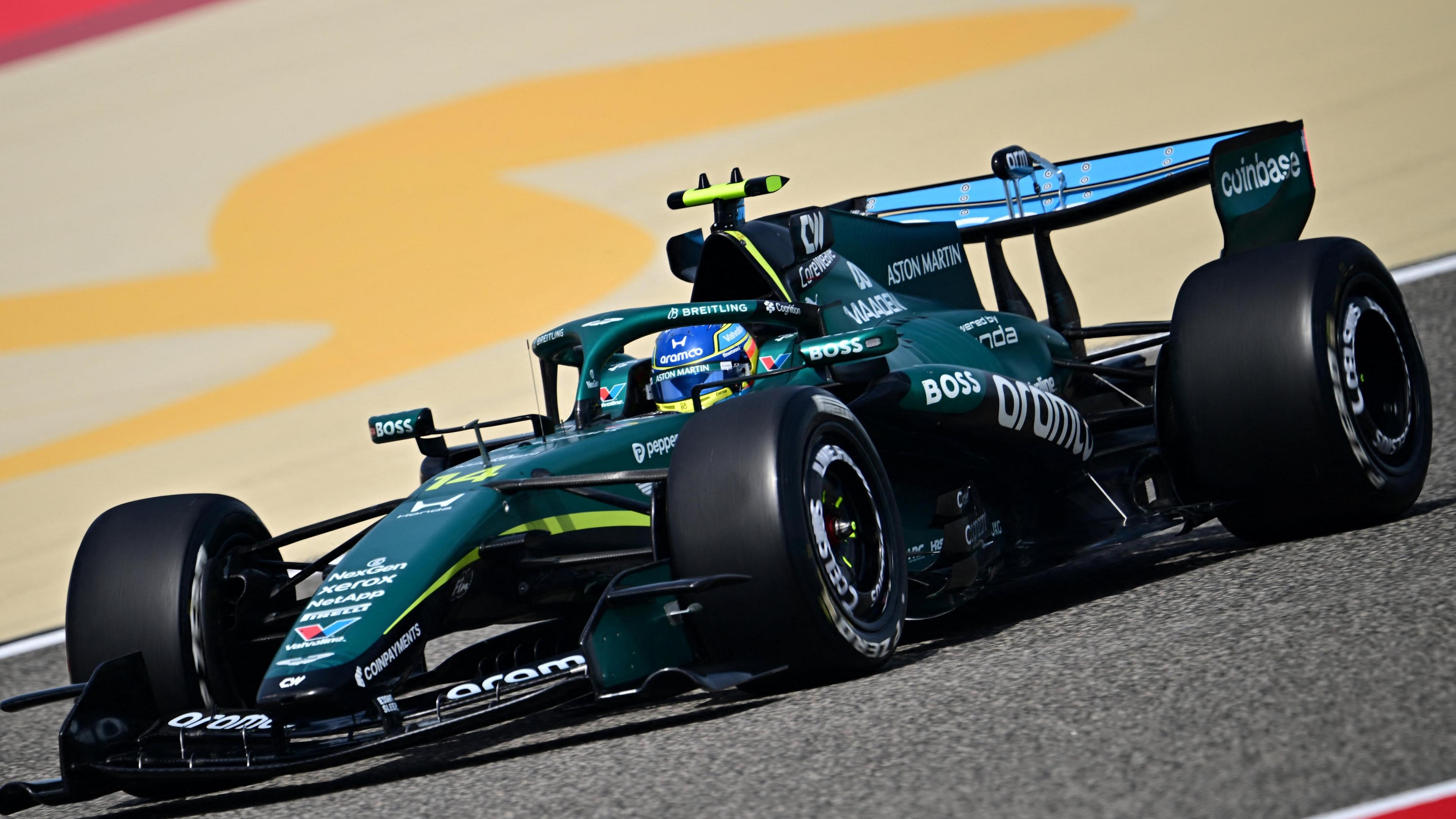 Fernando Alonso in the Aston Martin on the second day of pre-season testing in Bahrain