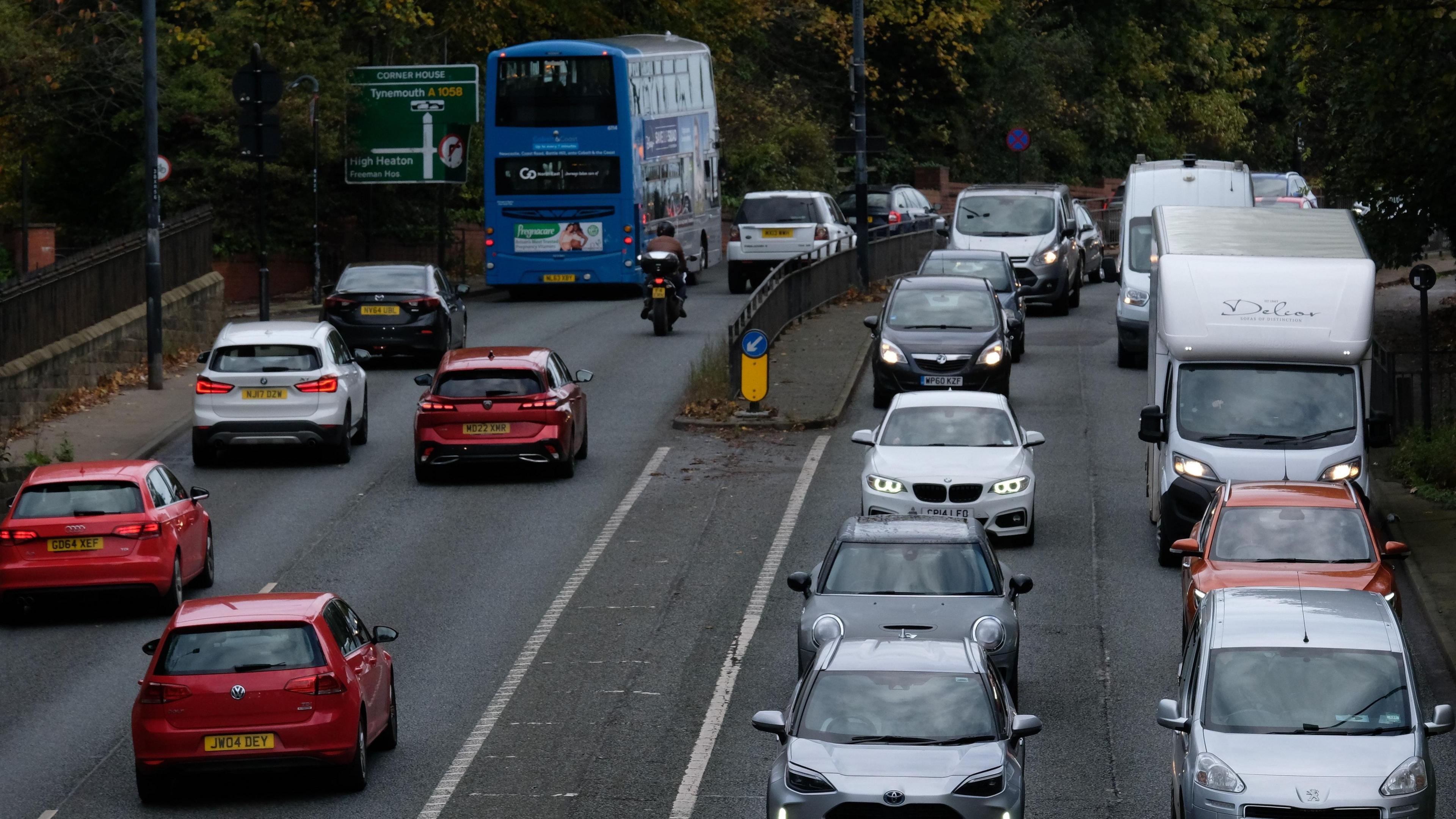 Cars in traffic on the Cradlewell bypass in Jesmond, just after the Corner House junction in Heaton, Newcastle Upon Tyne