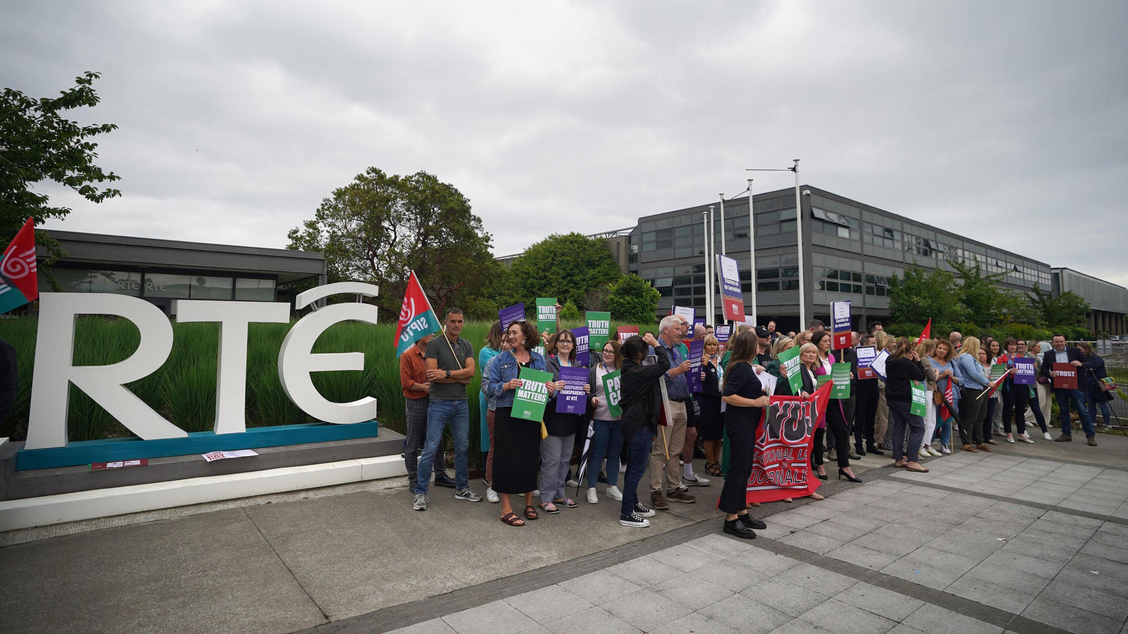 Staff staging protests outside RTÉ headquarters in Donnybrook, Dublin