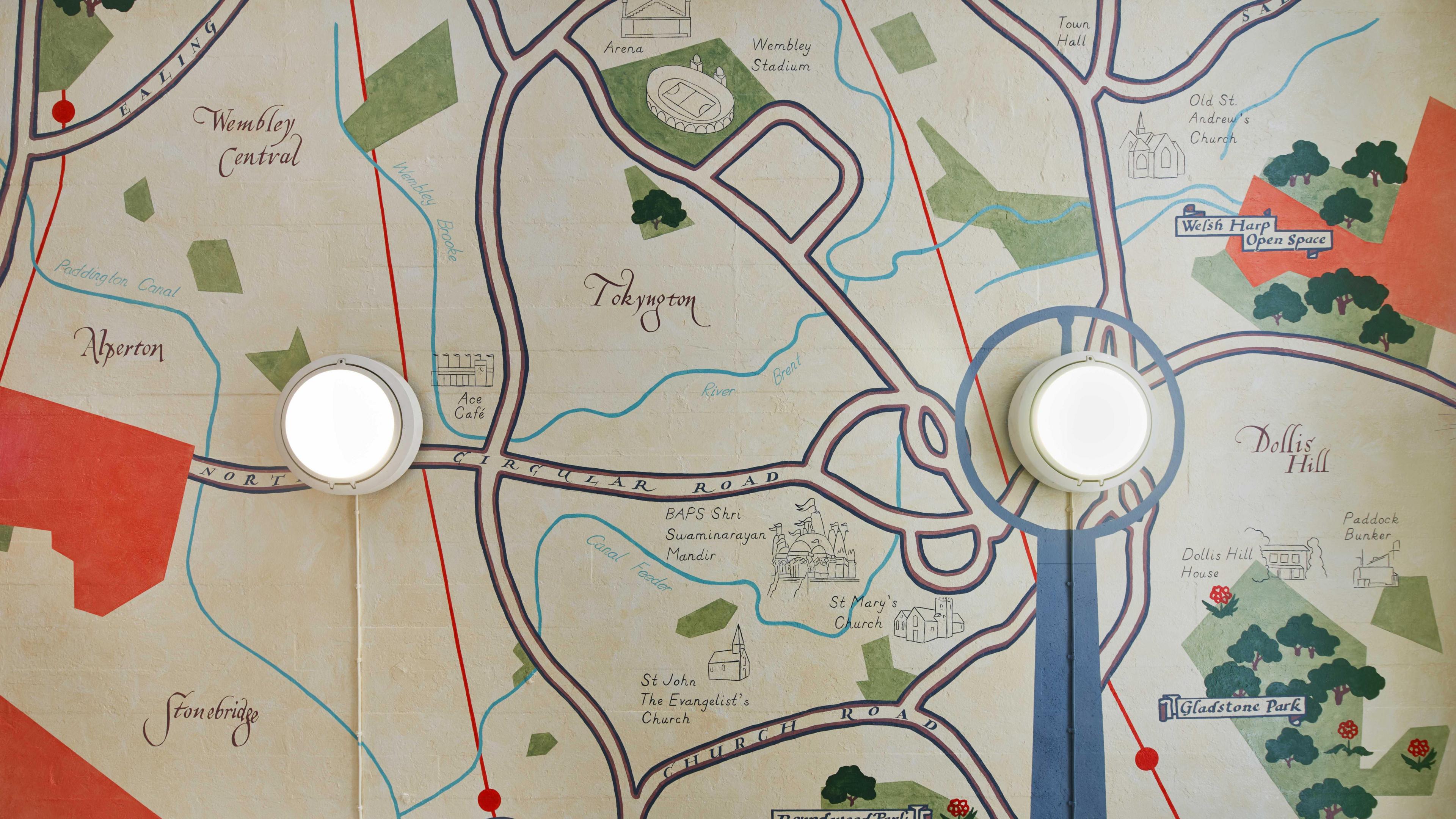 A detailed map of the area around Sudbury Town with calligraphed writing and representations of roads, churches, green spaces and other landmarks. 