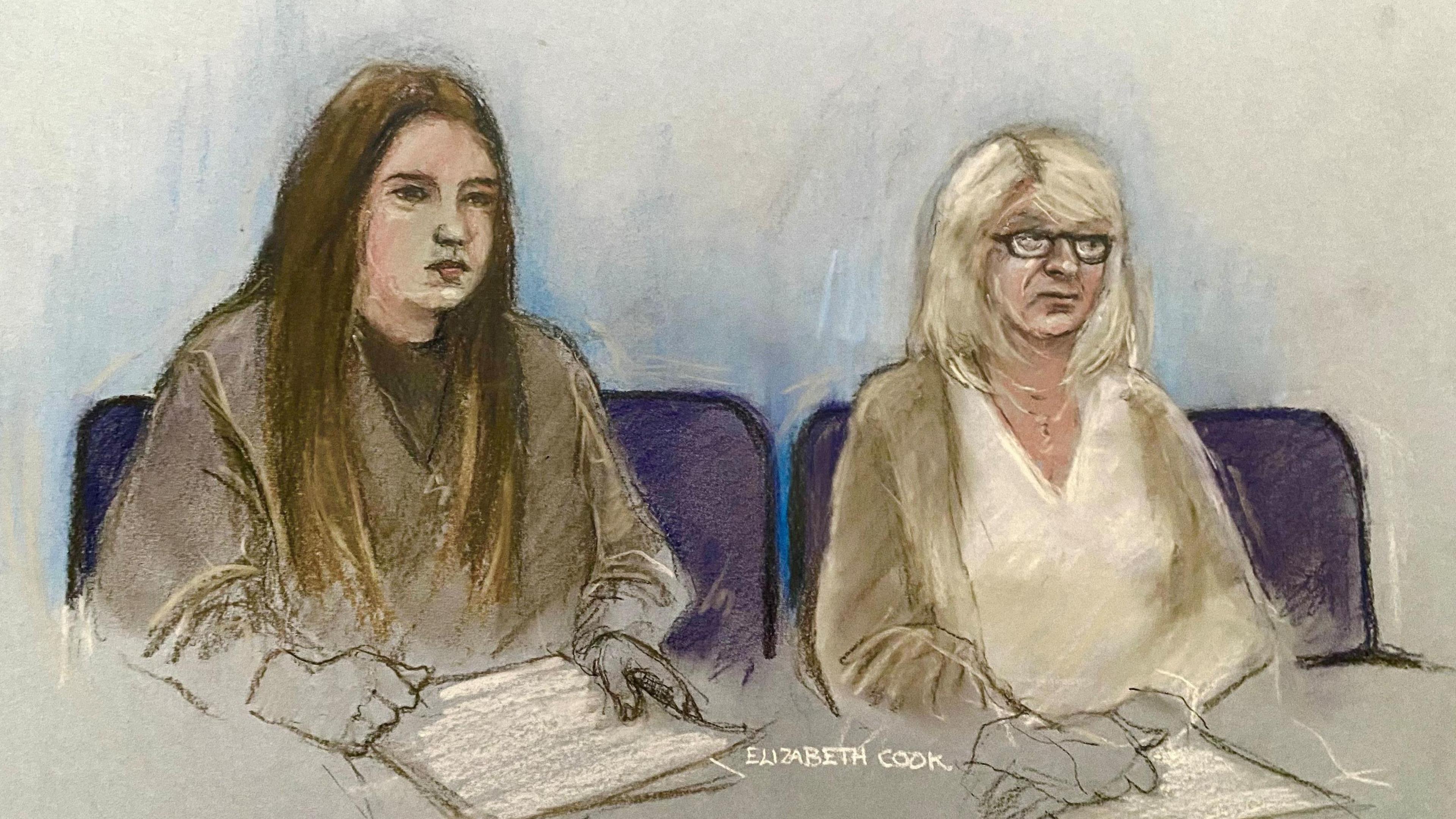 A court sketch of Julia Wandelt (left) and Karen Spragg