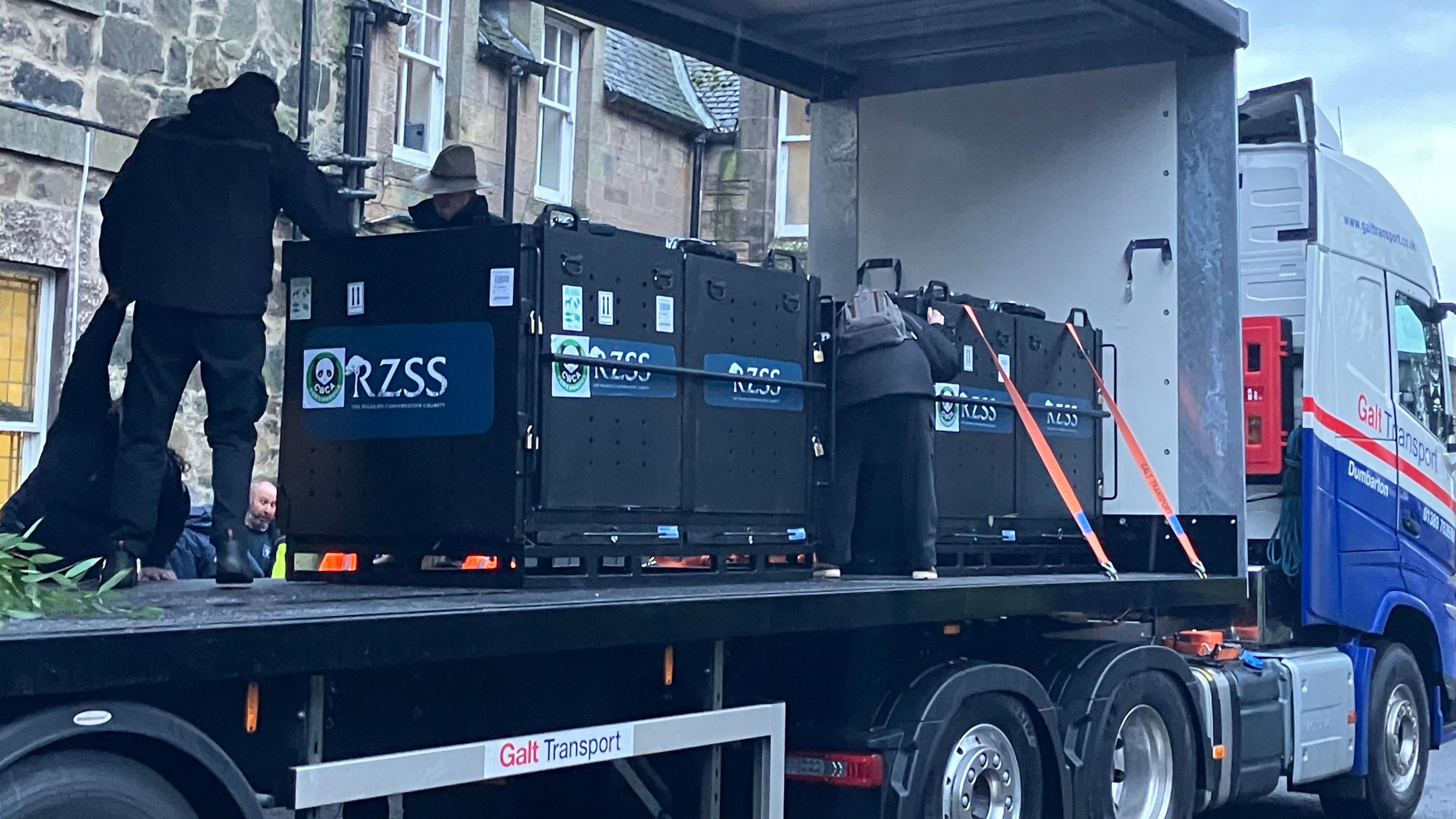 Both pandas were loaded on to a special lorry for transport to Edinburgh Airport on Monday morning