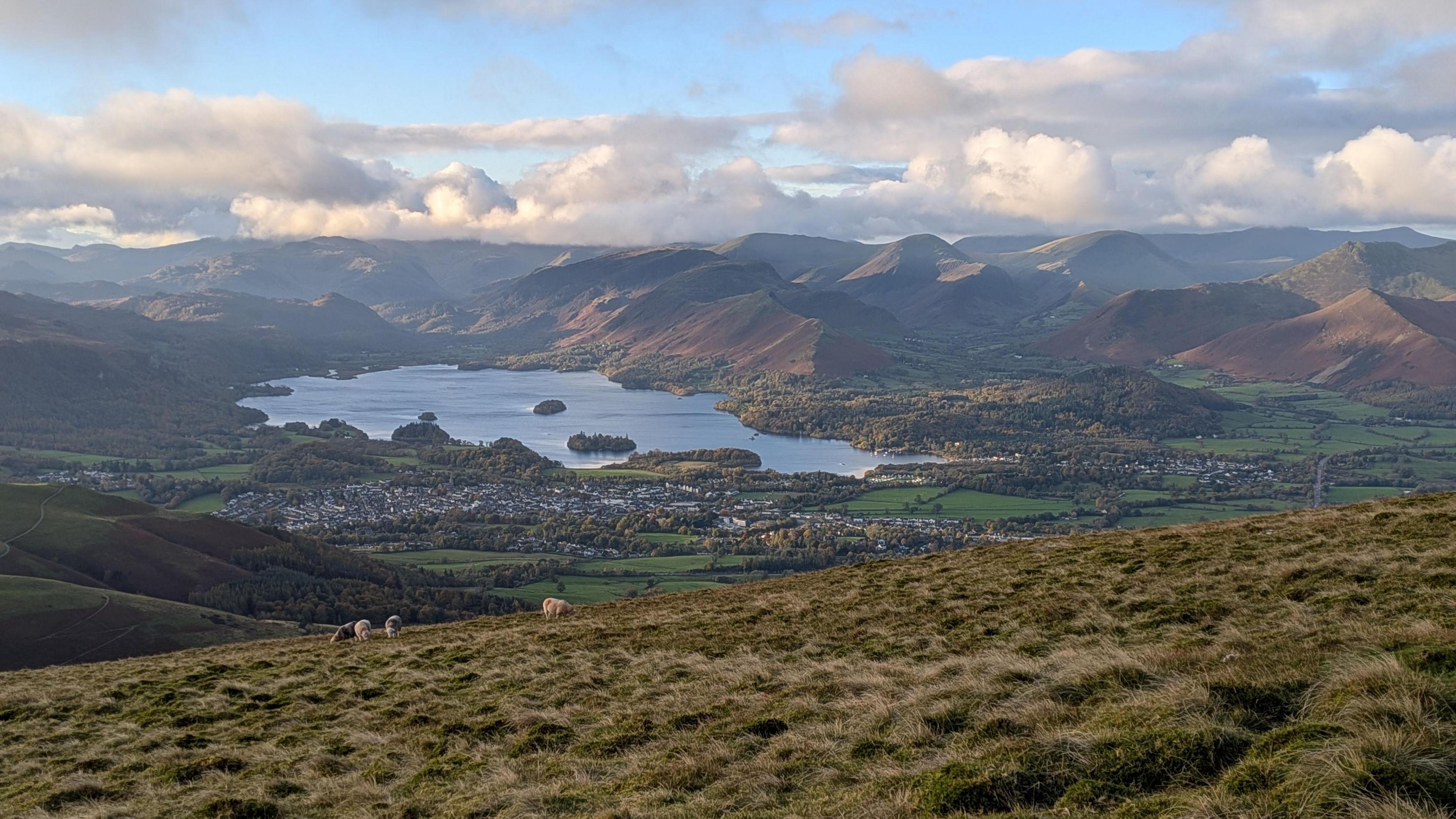 A view over Derwentwater, Keswick and Catbells from Skiddaw in the Lake District. The lake is surrounded by peaks, except for the Keswick side, where there is a large patch covered in houses and buildings. The picture is taken from a high point on Skiddaw, with a flock of sheep grazing on the side of the fell. The sky is blue with some white fluffy clouds.