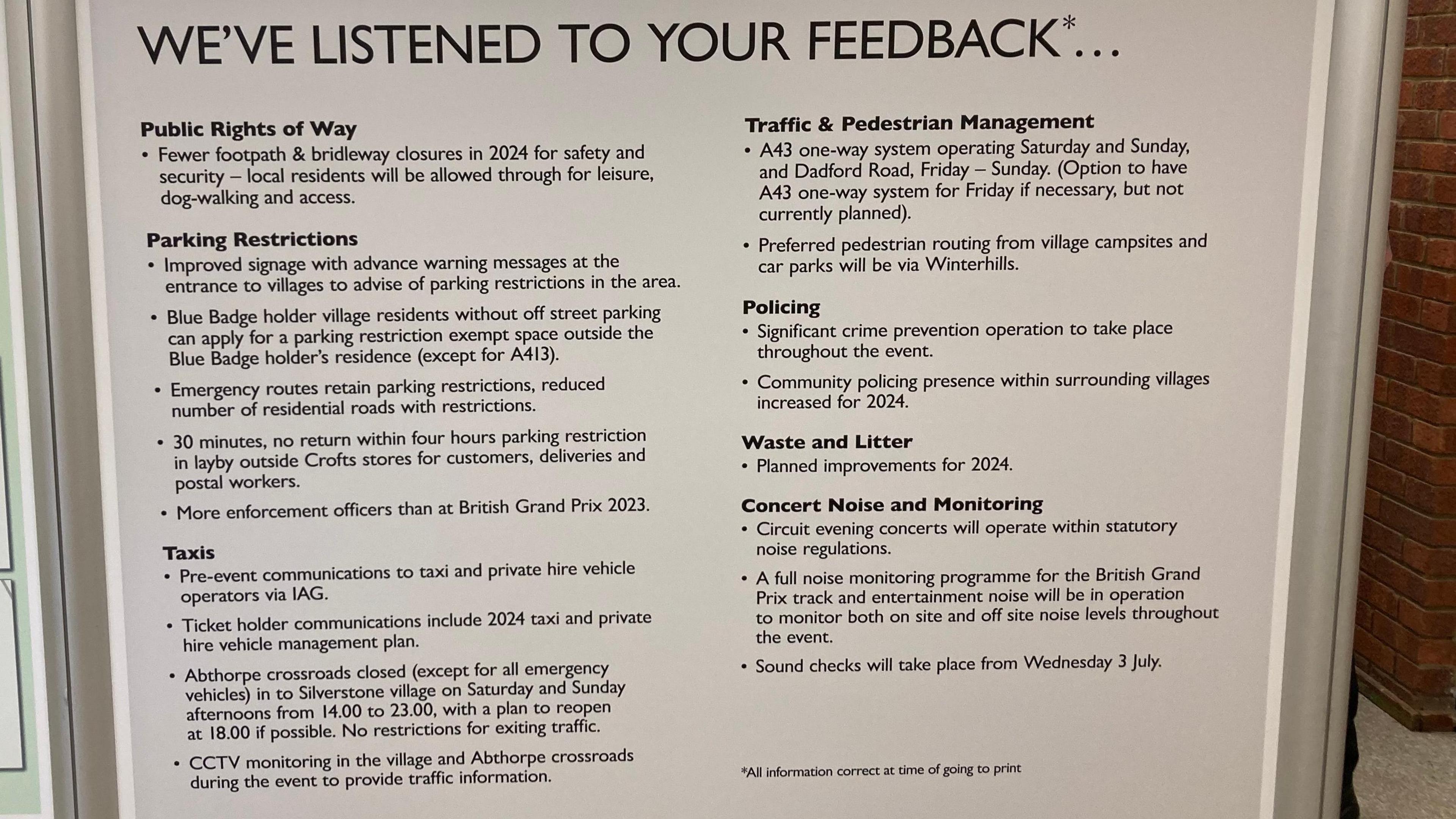 A information board showing the changes Silverstone Circuit has made for this year's Grand Prix including different parking restrictions, public right of way and traffic management.