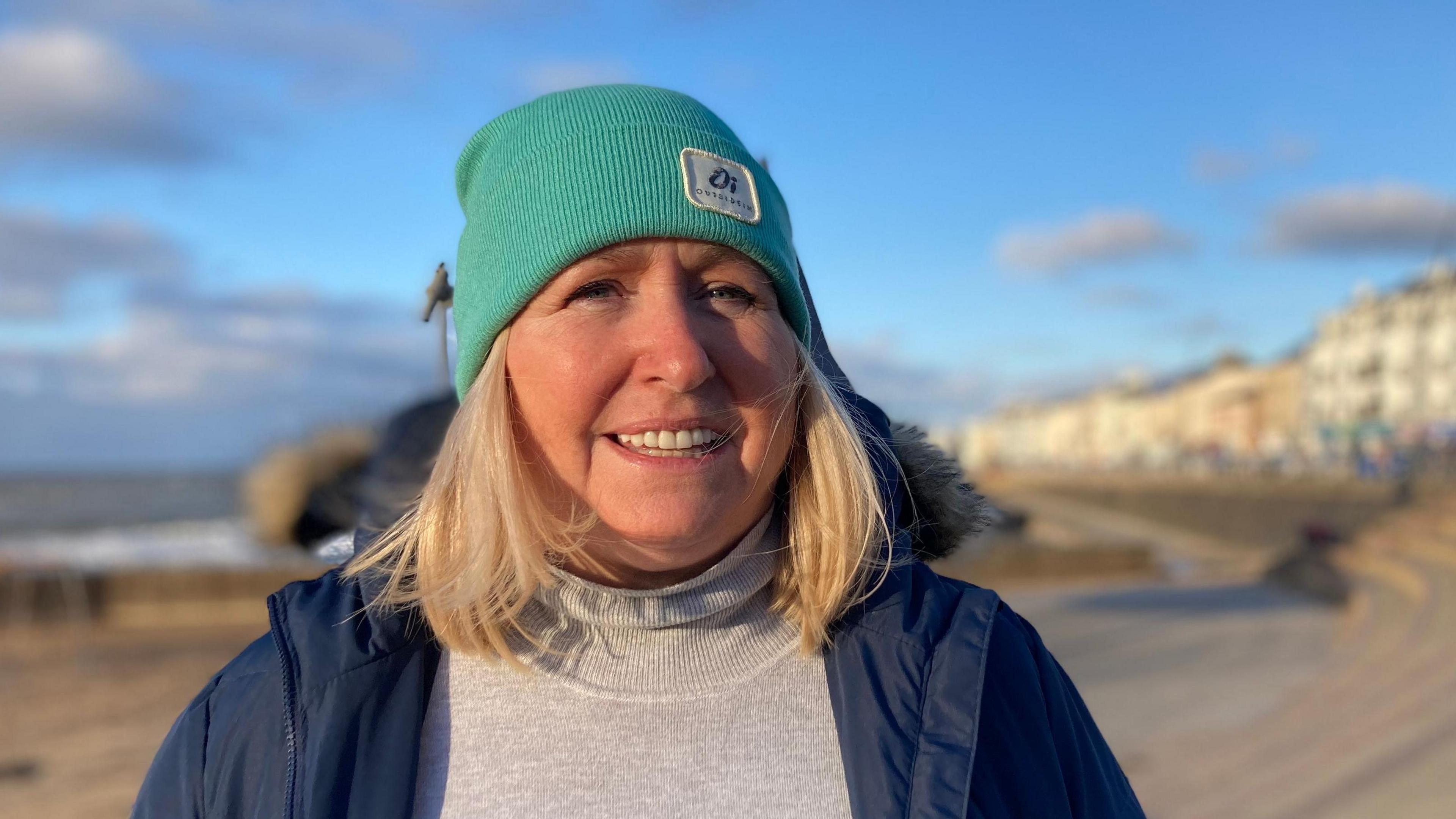 Former Councillor Angela Mulholland speaking to the BBC from the promenade in Portstewart