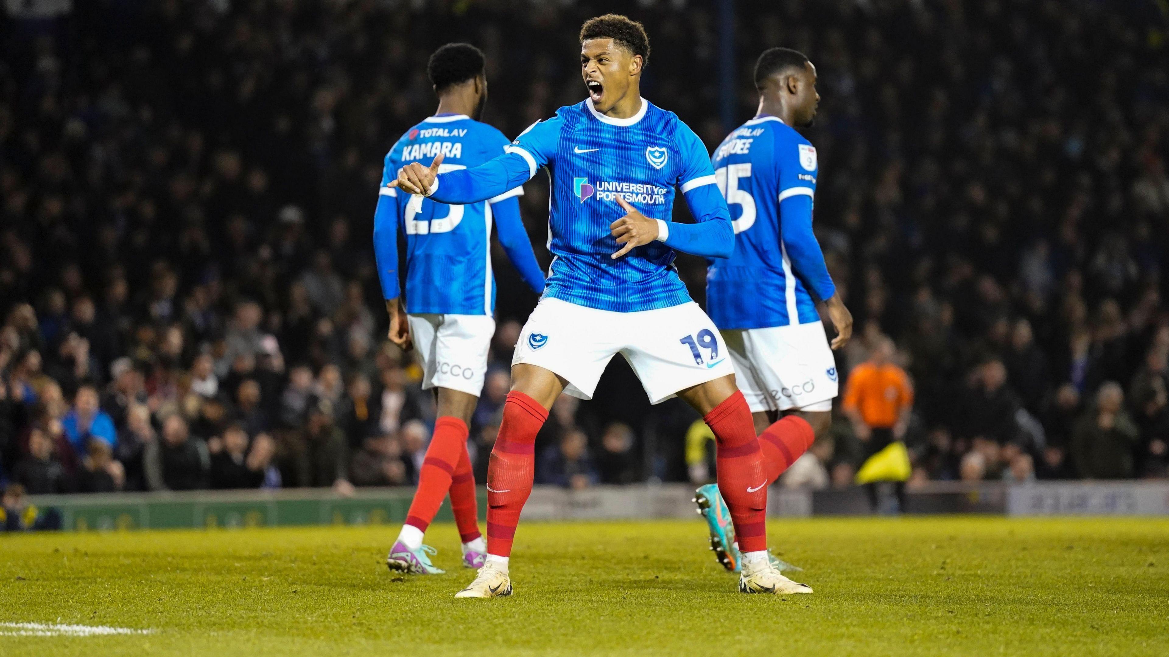 Kusini Yengi celebrates a goal during the League One match between Portsmouth and Burton Albion at Fratton Park