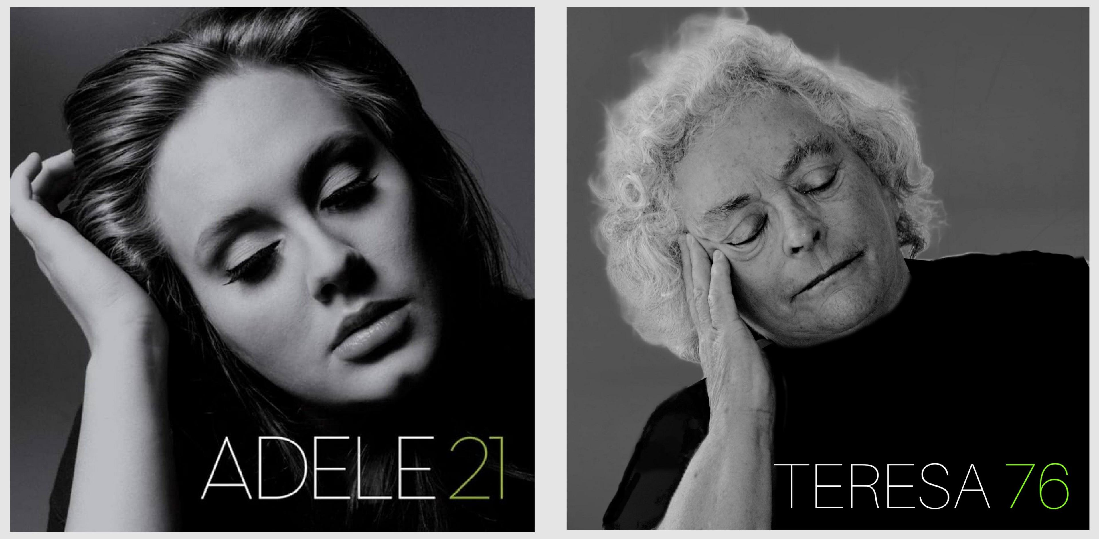 An older woman with white hair recreates Adele's 21 album. The original cover is black and white and features Adele wearing a black top and leaning her head on her hand. In the second version, which is positioned to the left, the older woman is wearing a black top and using her right hand to brush back her hair. The text reads "Teresa 76" instead of "Adele 21"