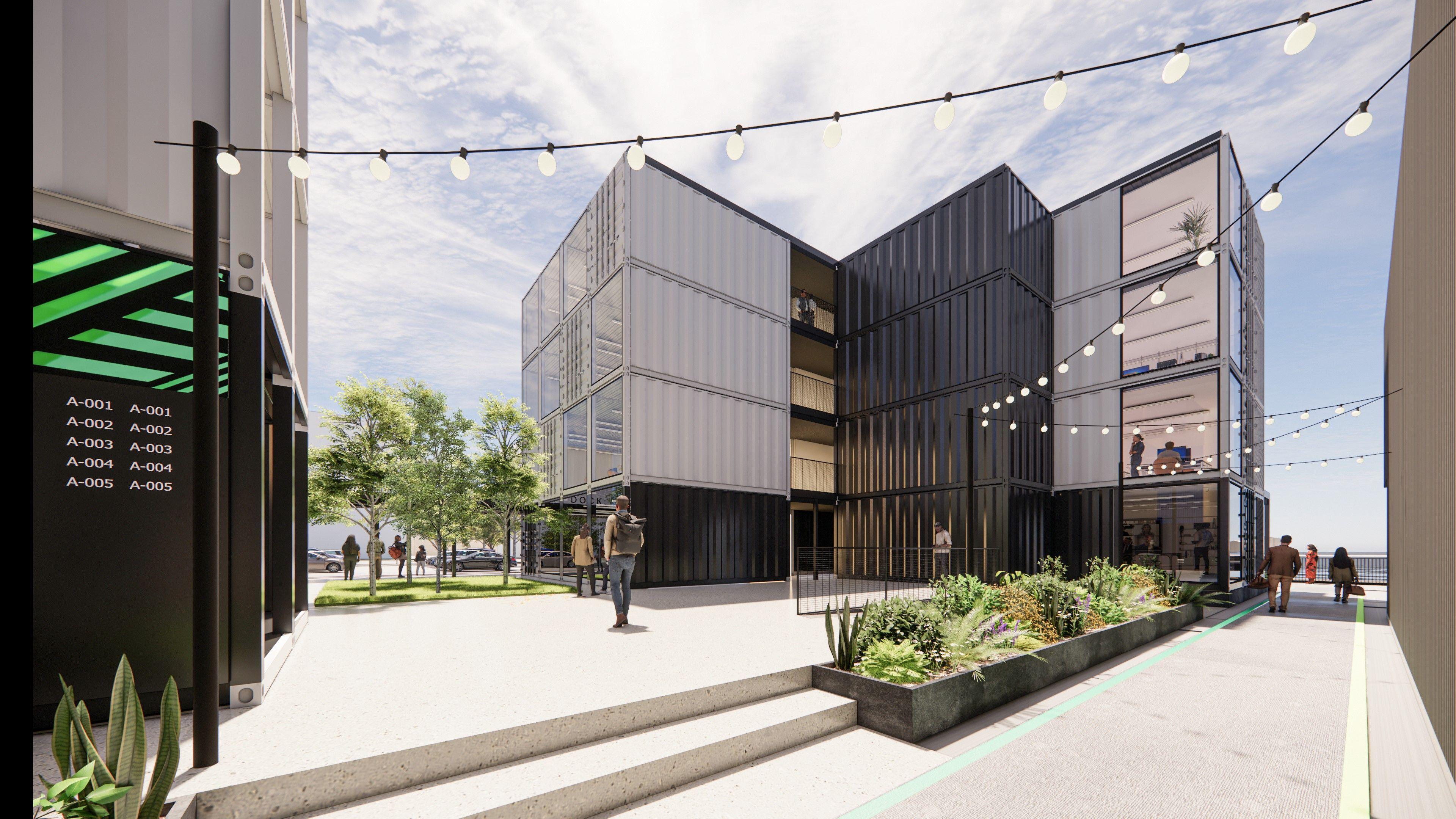 An artist's impression of the Dry Dock development in Leith. It shows several repurposed shipping containers stacked on top of each other with glass panels fitted so they can function as offices.