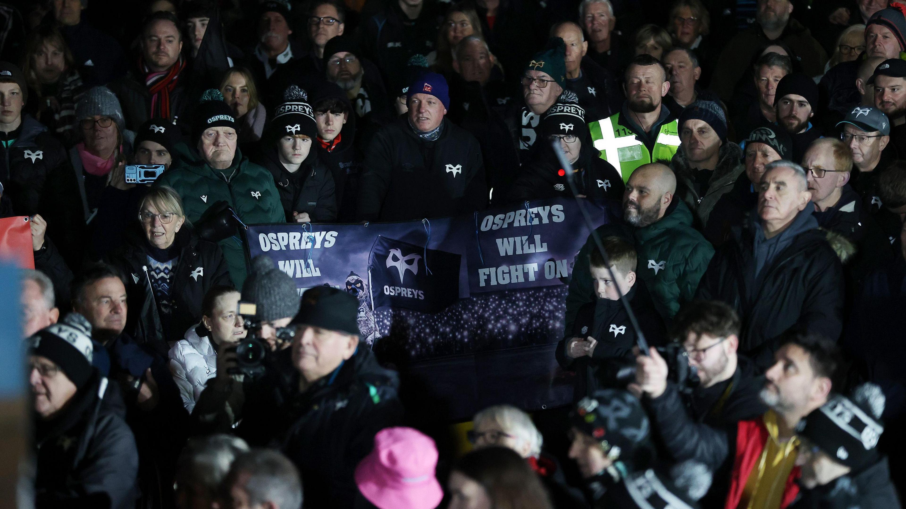 Ospreys supporters protesting against owners Y11 and the Welsh Rugby Union