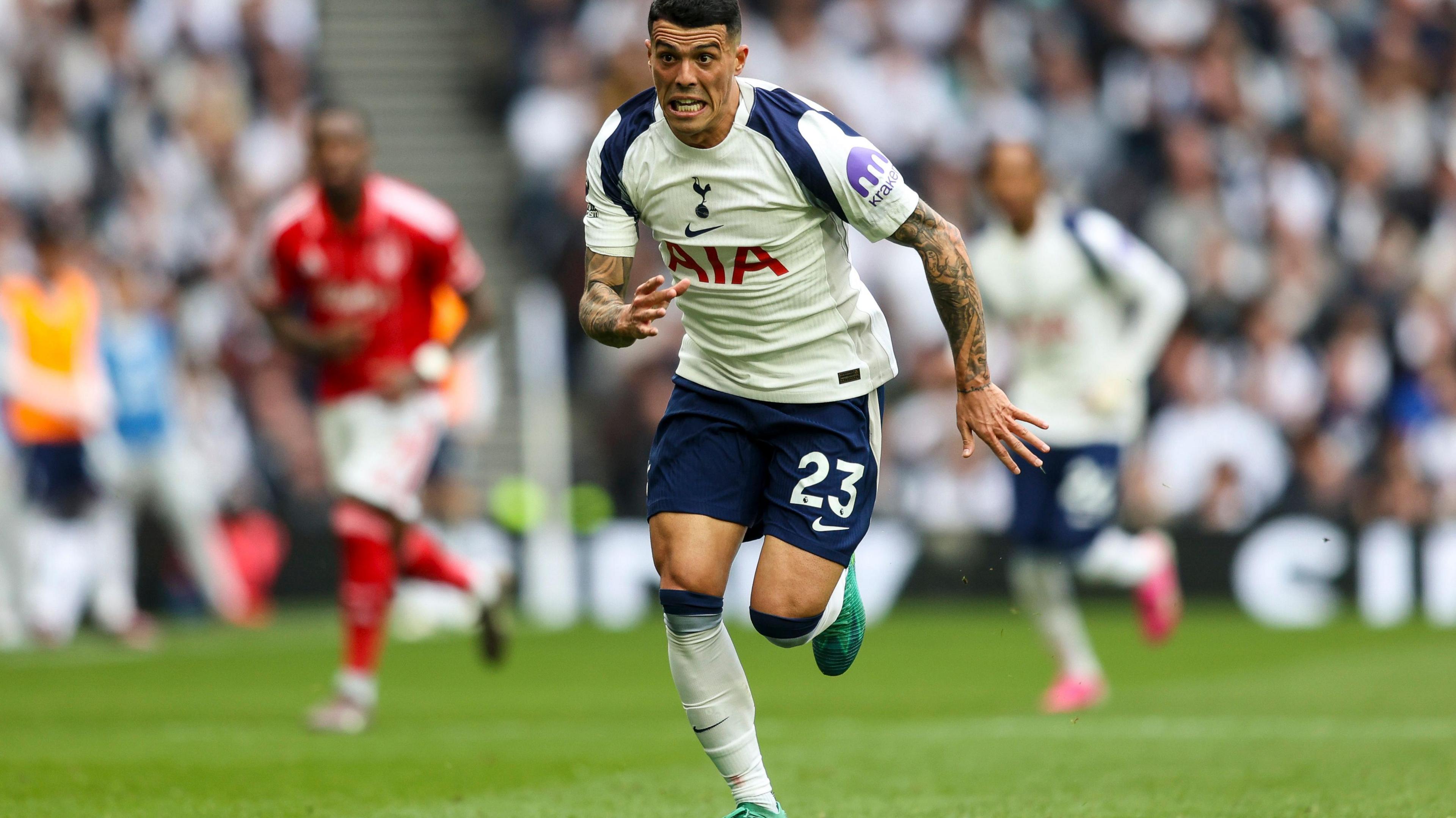 Tottenham's Pedro Porro in action against Nottingham Forest