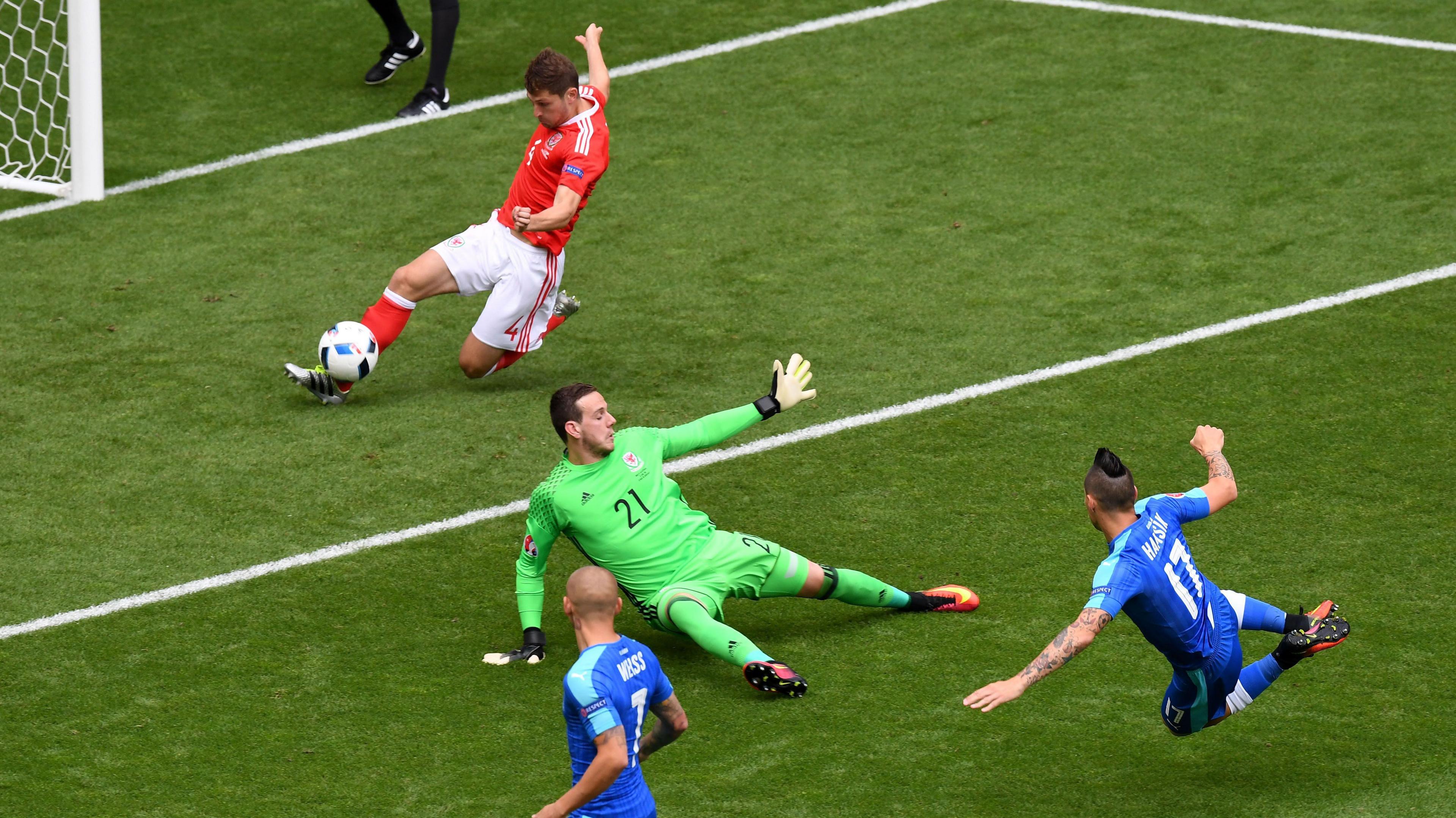 Ben Davies, blocking a goalbound shot from Slovakia's Marek Hamsik at Euro 2016 