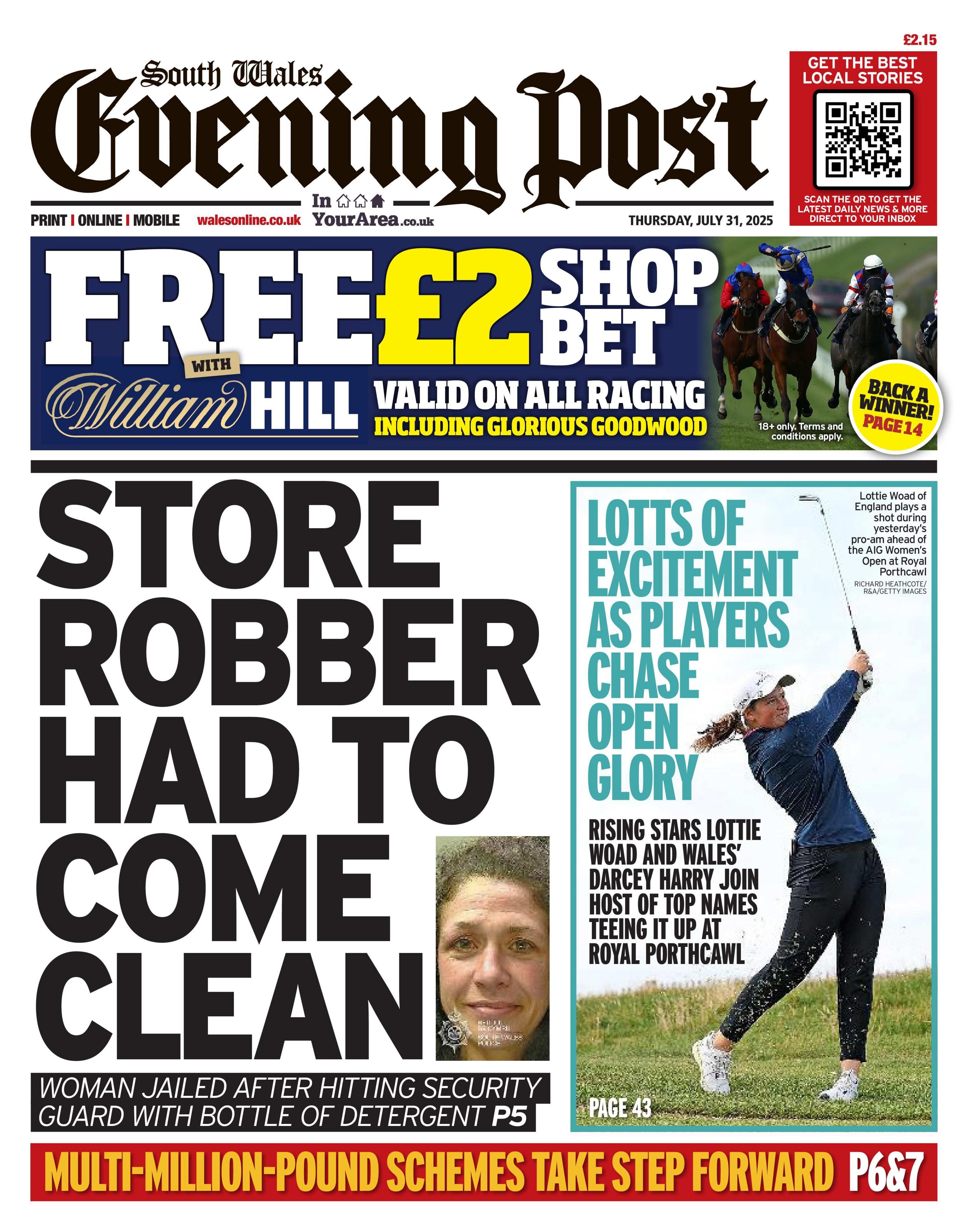 The South Wales Evening Post newspaper front page shows main headline next to a photo of a woman: Store robber had to come clean. Next to that is a photo of a woman playing golf with the headline "Lotts of excitement as players chase Open glory". 
