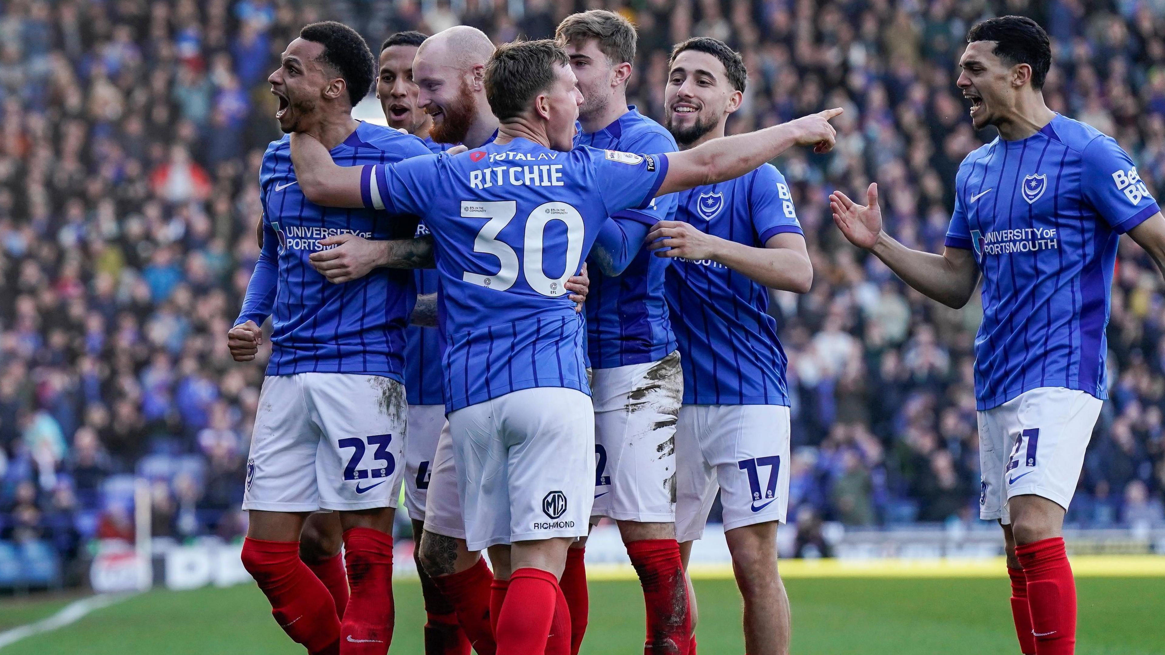 Josh Murphy looks to the crowd after putting Portsmouth ahead against Queen's Park Rangers at Fratton Park.