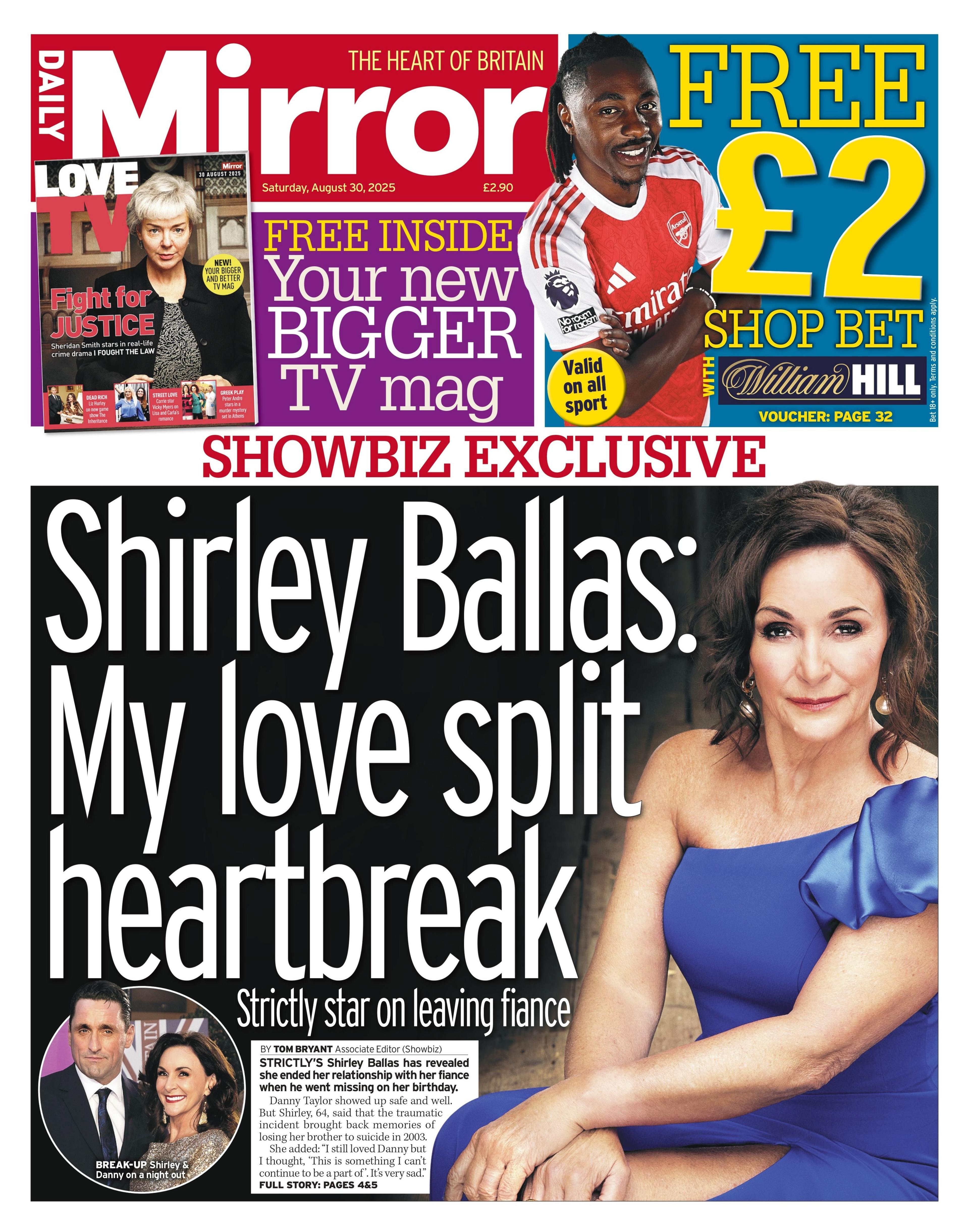 The headline on the front page of the Daily Mirror reads: "Shirley Ballas: My love split heartbreak".