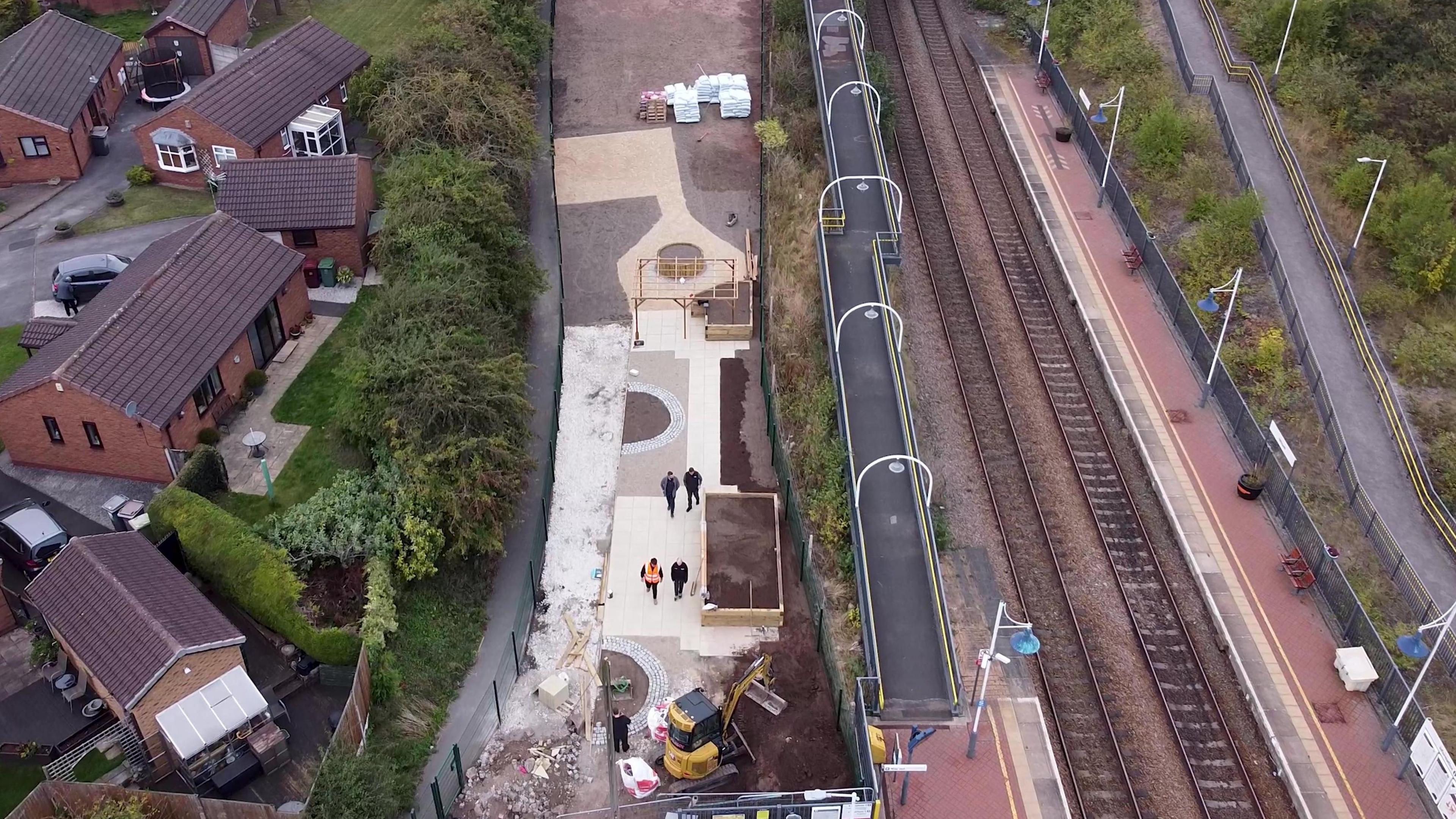 An aerial image of the community garden next to Whitwell train station in Derbyshire 