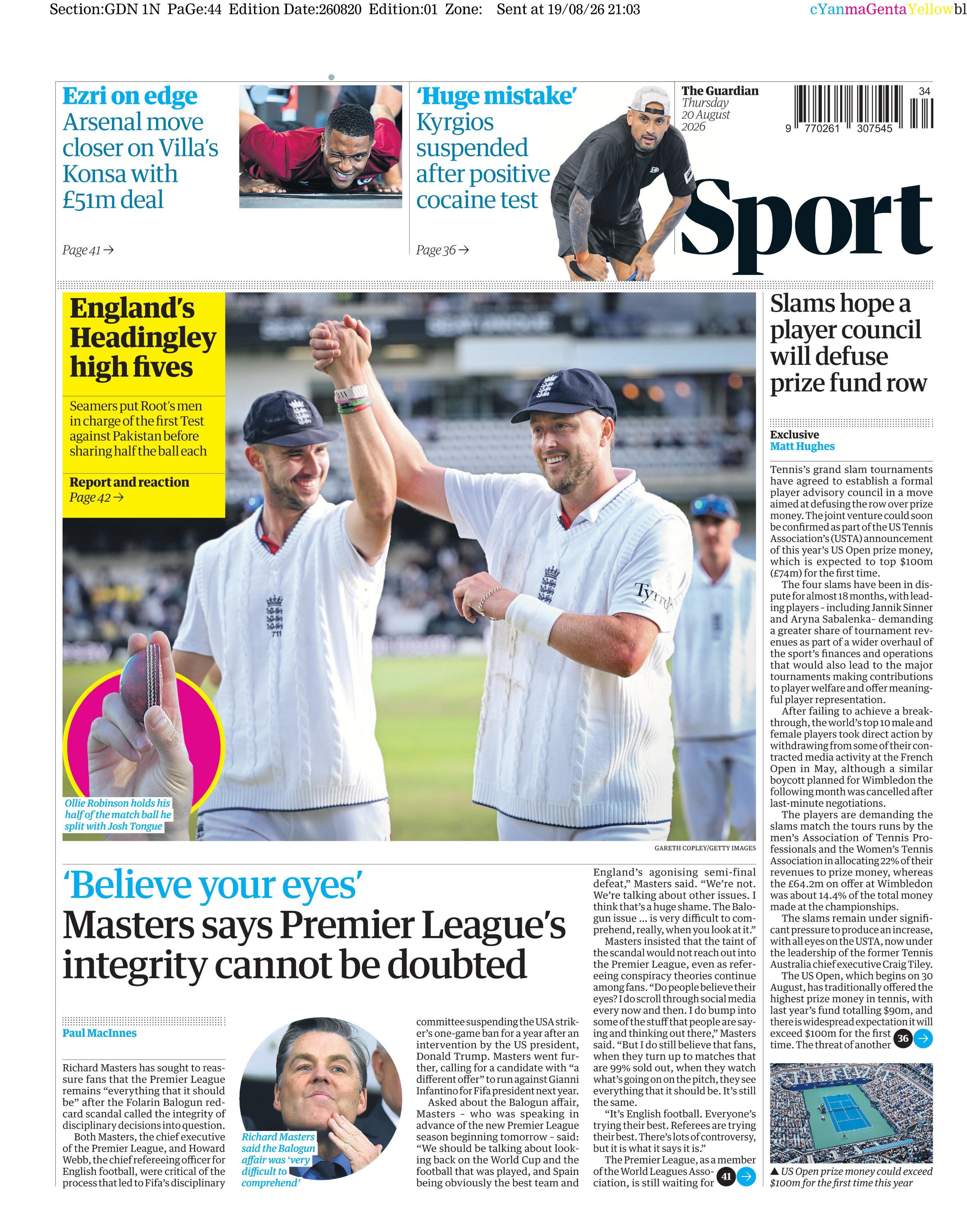Lead sport page of the Guardian on 20 August 2026