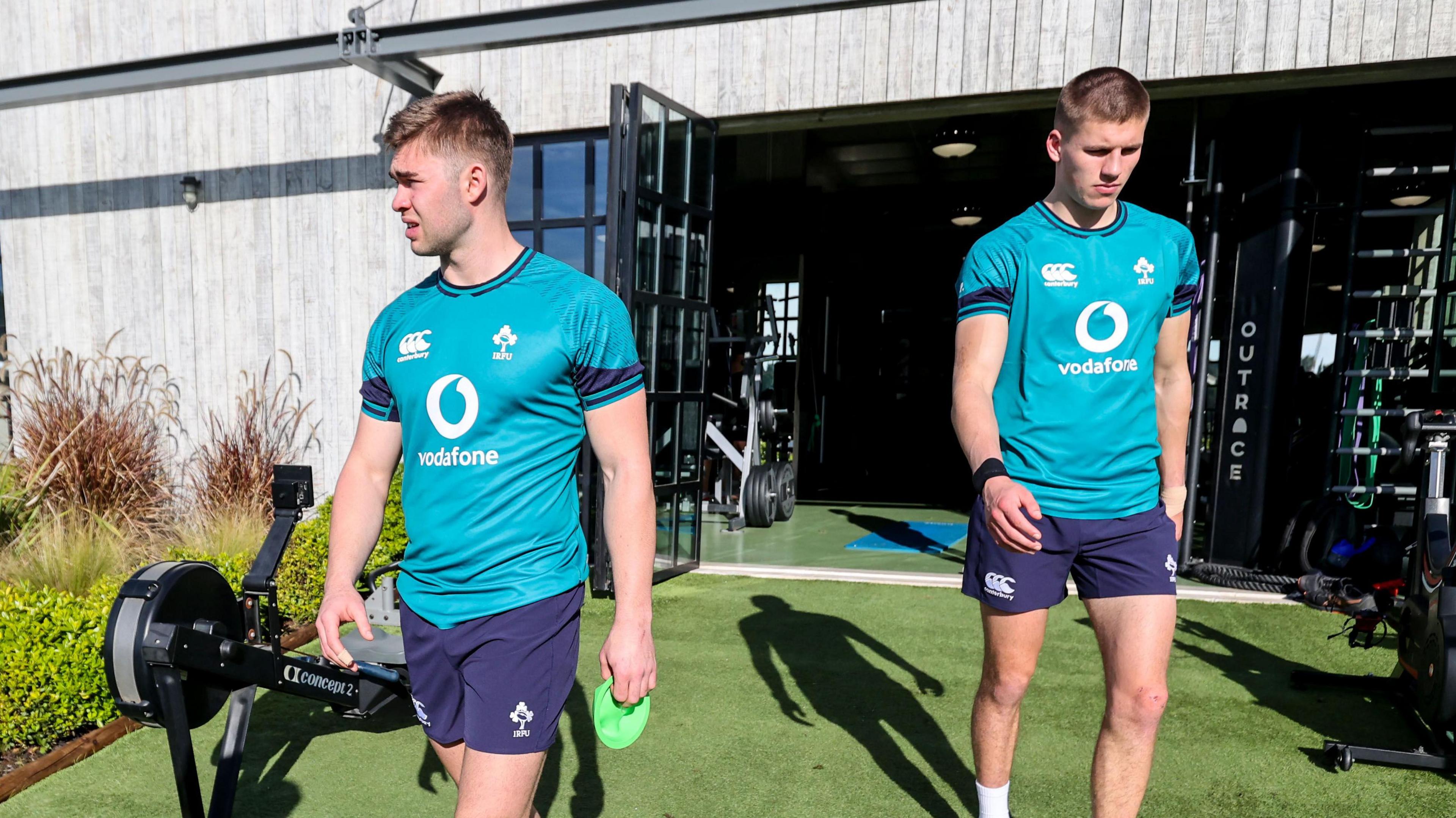 Jack Crowley and Sam Prendergast at an Ireland training camp in Portugal