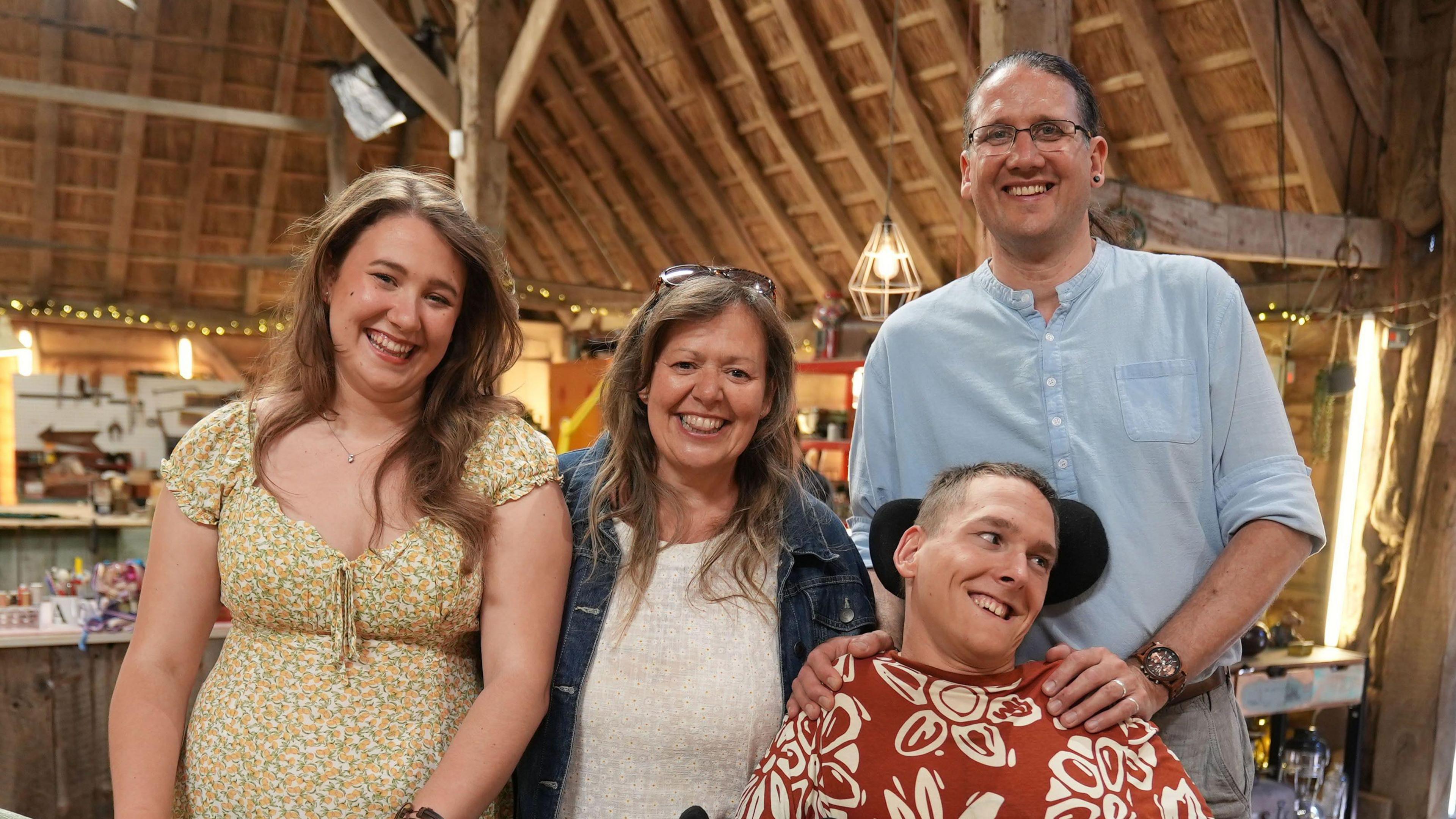 Freya, Madeleine, Andy and Ade (in a wheelchair) on the Repair Shop set