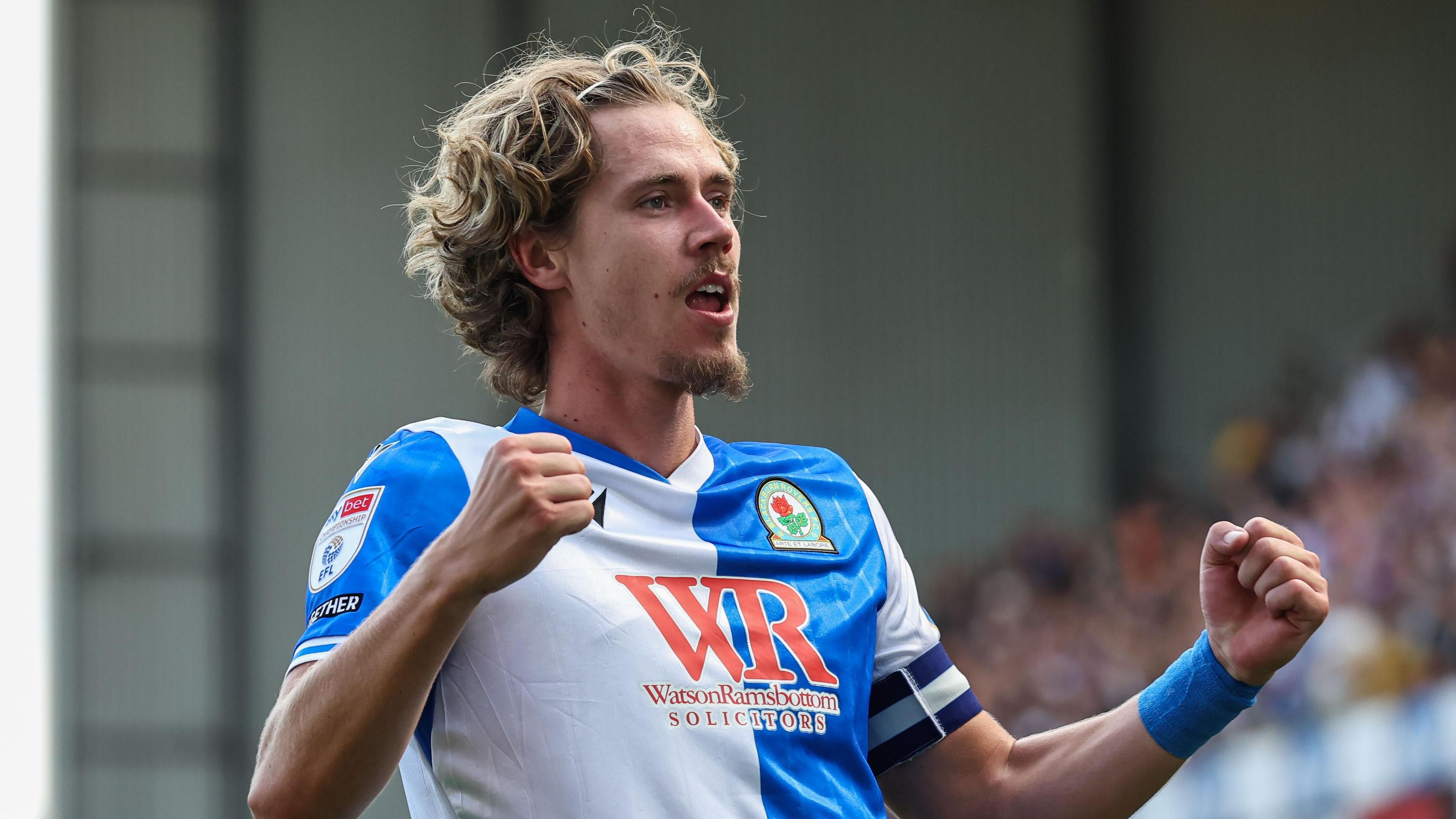 New Blackburn captain Todd Cantwell celebrating his goal against Birmingham City.
