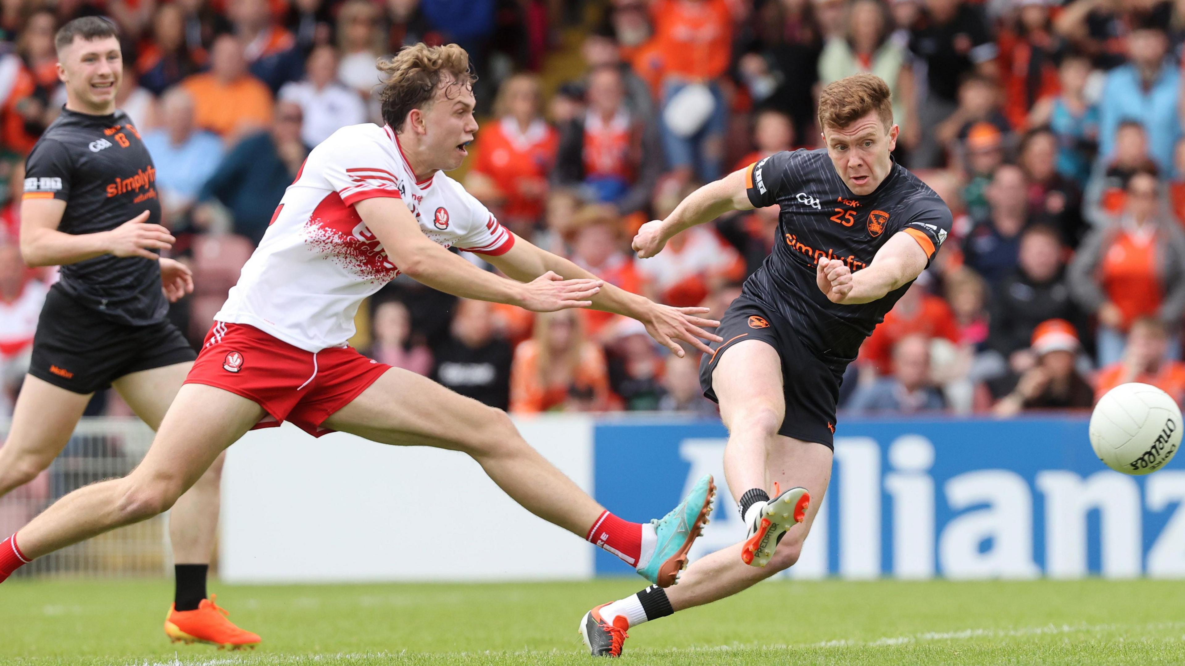 Ross McQuillan hammers in one of Armagh's goals in their win over Derry earlier this month