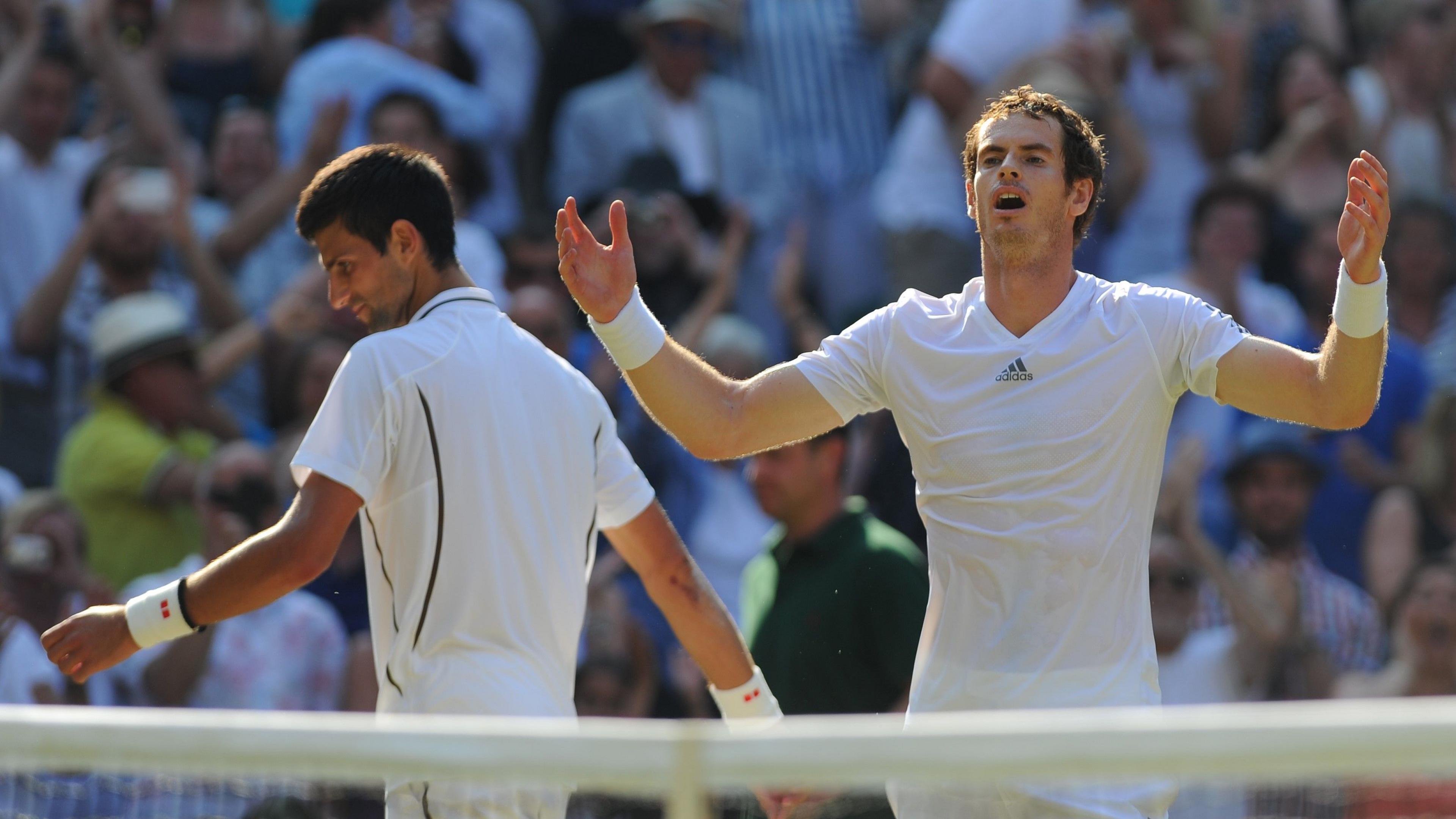 Andy Murray celebrates beating Novak Djokovic at Wimbledon in 2013