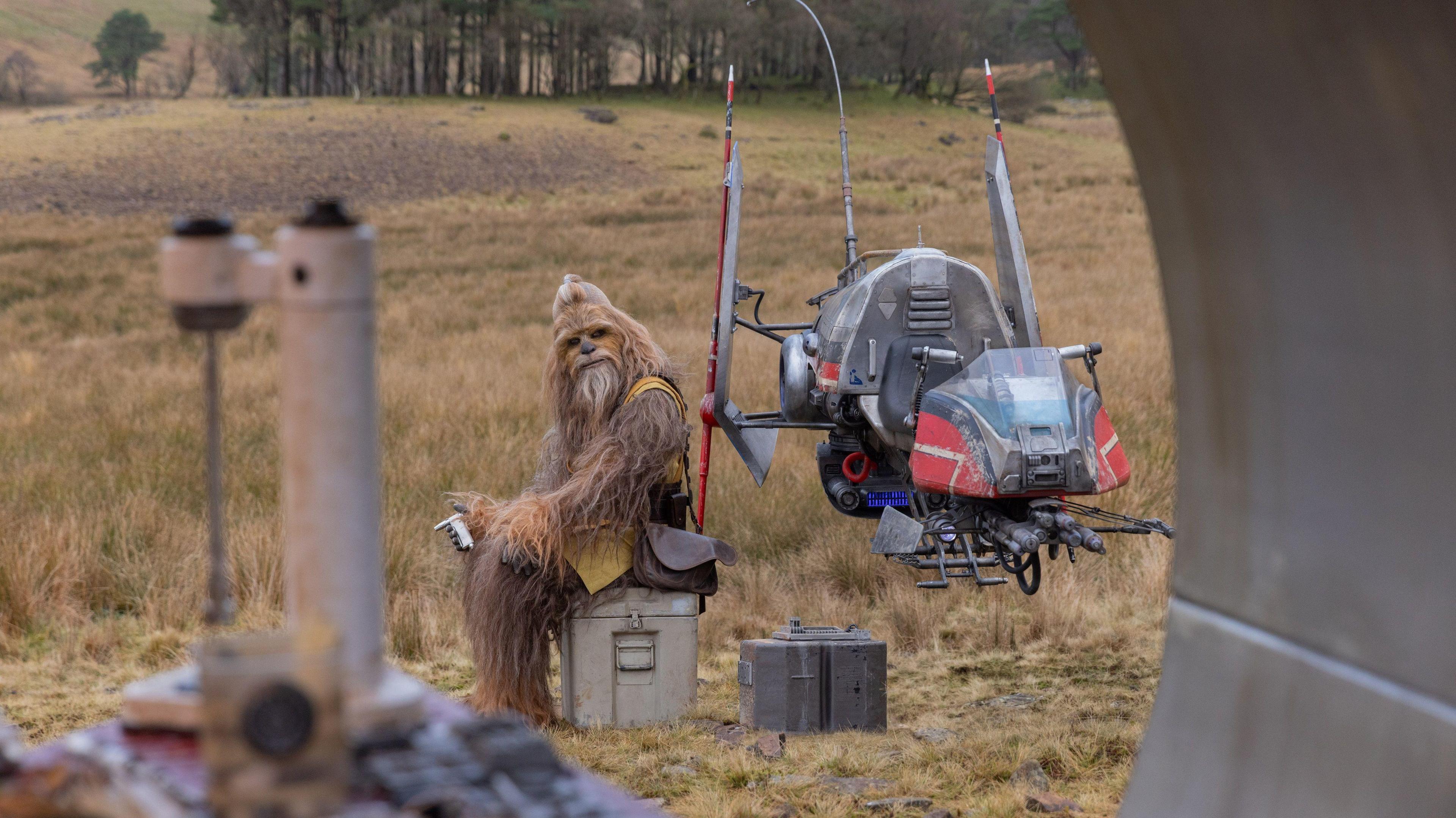 A man dressed as a wookiee sits on a crate