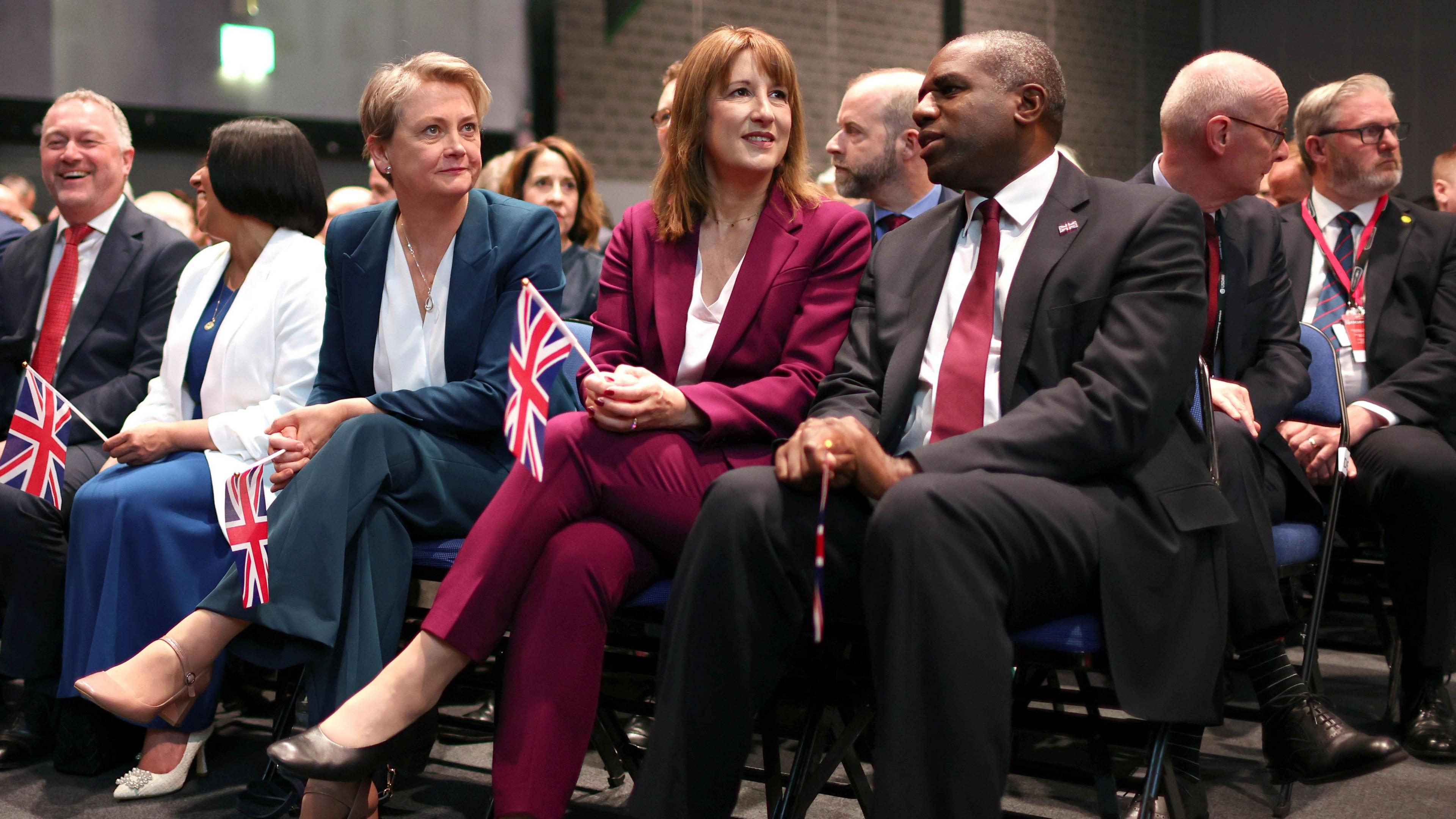 Britain's Foreign Secretary Yvette Cooper (L) Chancellor Rachel Reeves (C) and Deputy Prime Minister and Justice Secretary David Lammy (R), during the Labour Party Conference in Liverpool, Britain, 30 September 2025. The conference runs from 28 September to 01 October at the Arena Convention Centre in Liverpool.