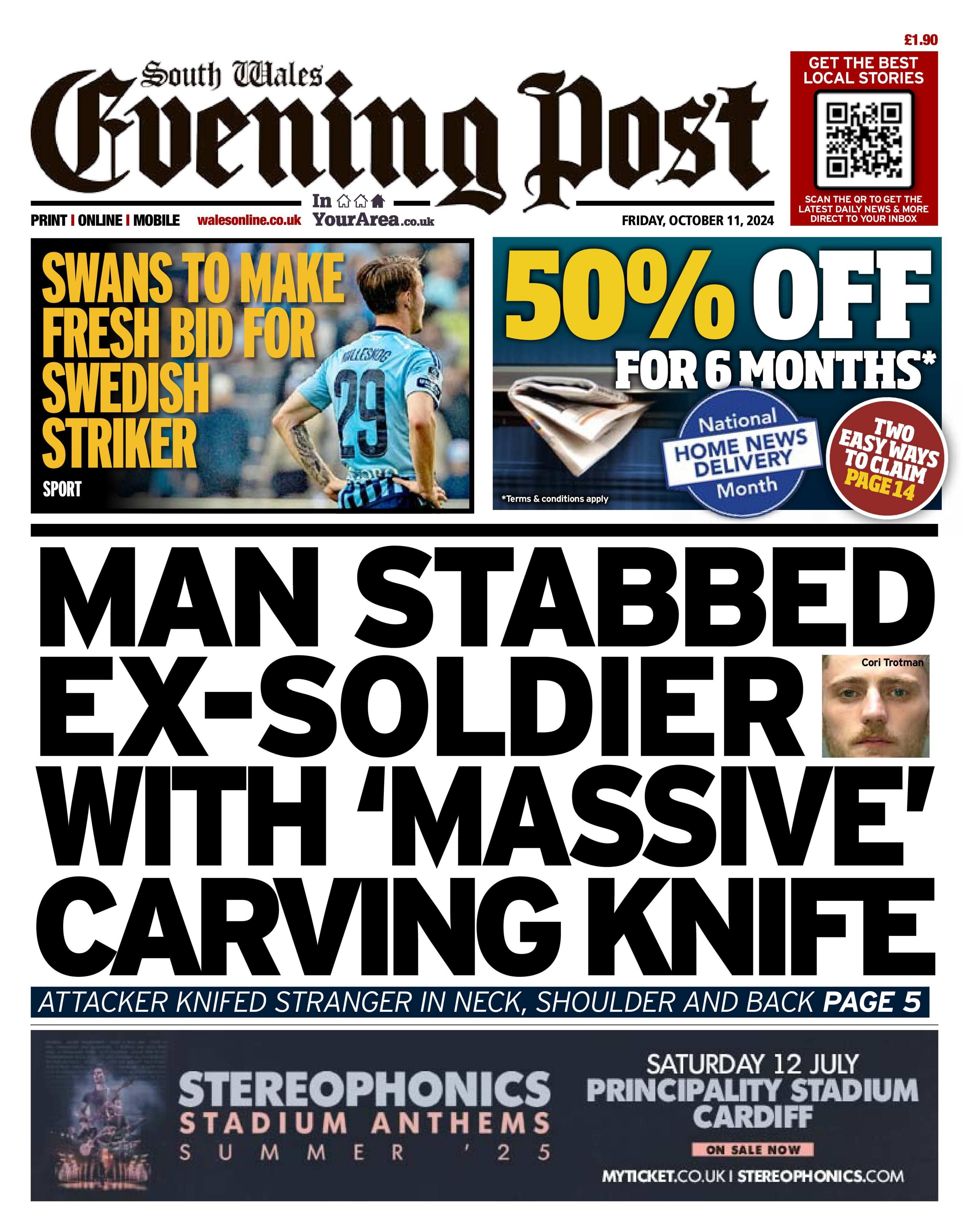 Front page of the South Wales Evening Post 