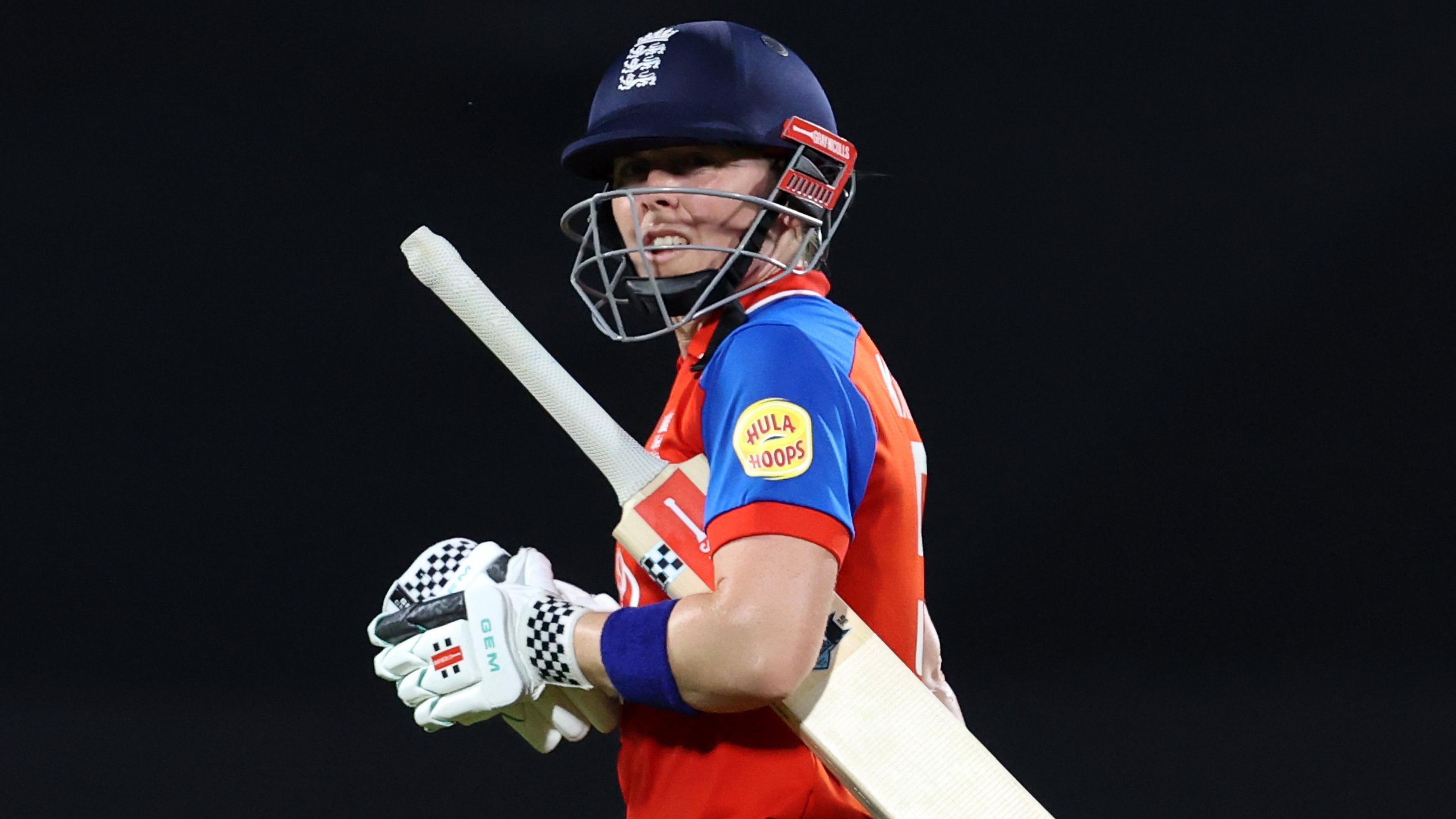 Heather Knight looks disappointed after getting out against India in the first T20 at Chelmsford 